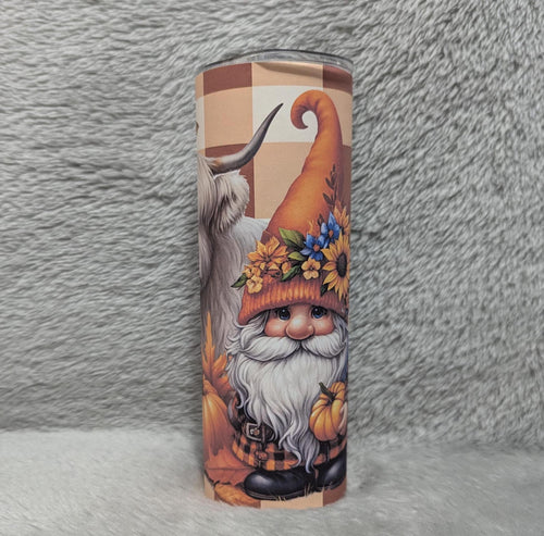 Autumn Gnome With Highland Cow Tumbler 20oz With Reusable Straw, Can Be Personalized