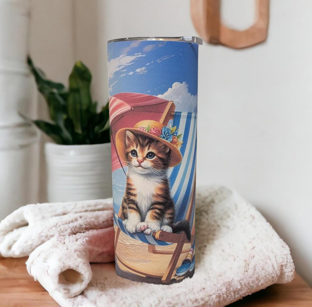 Cute Beach Cat Tumbler 20oz With Reusable Straw, Can Be Personalized