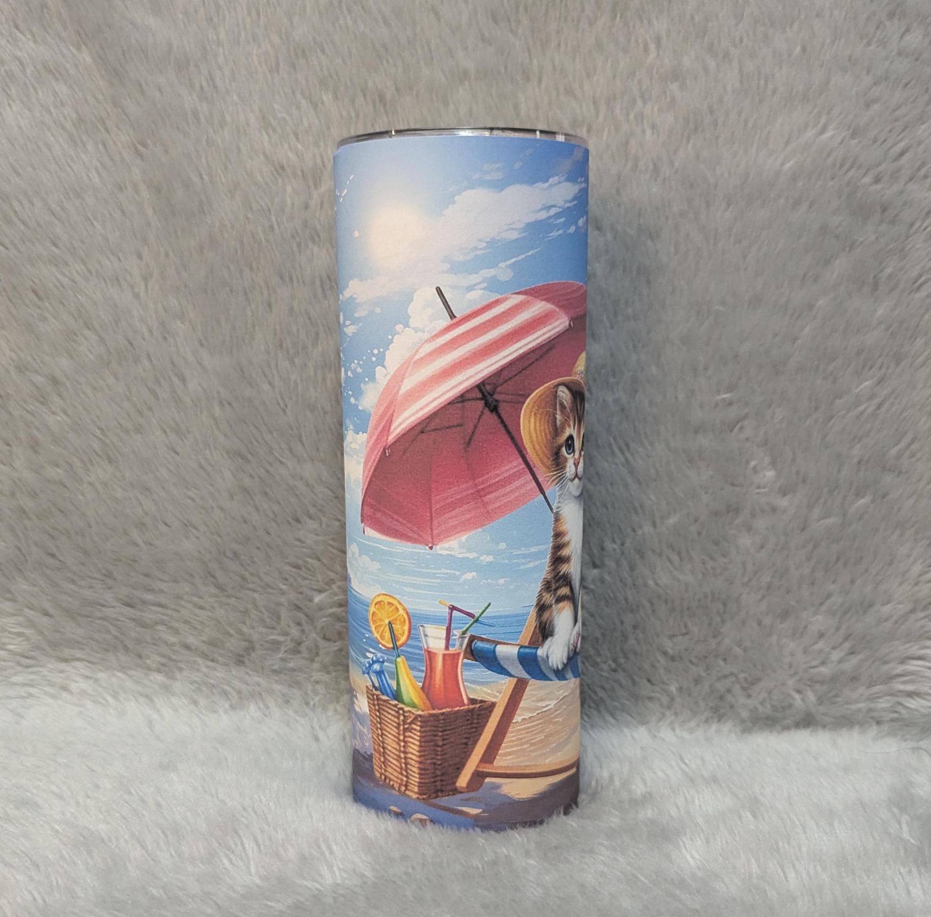 Cute Beach Cat Tumbler 20oz With Reusable Straw, Can Be Personalized