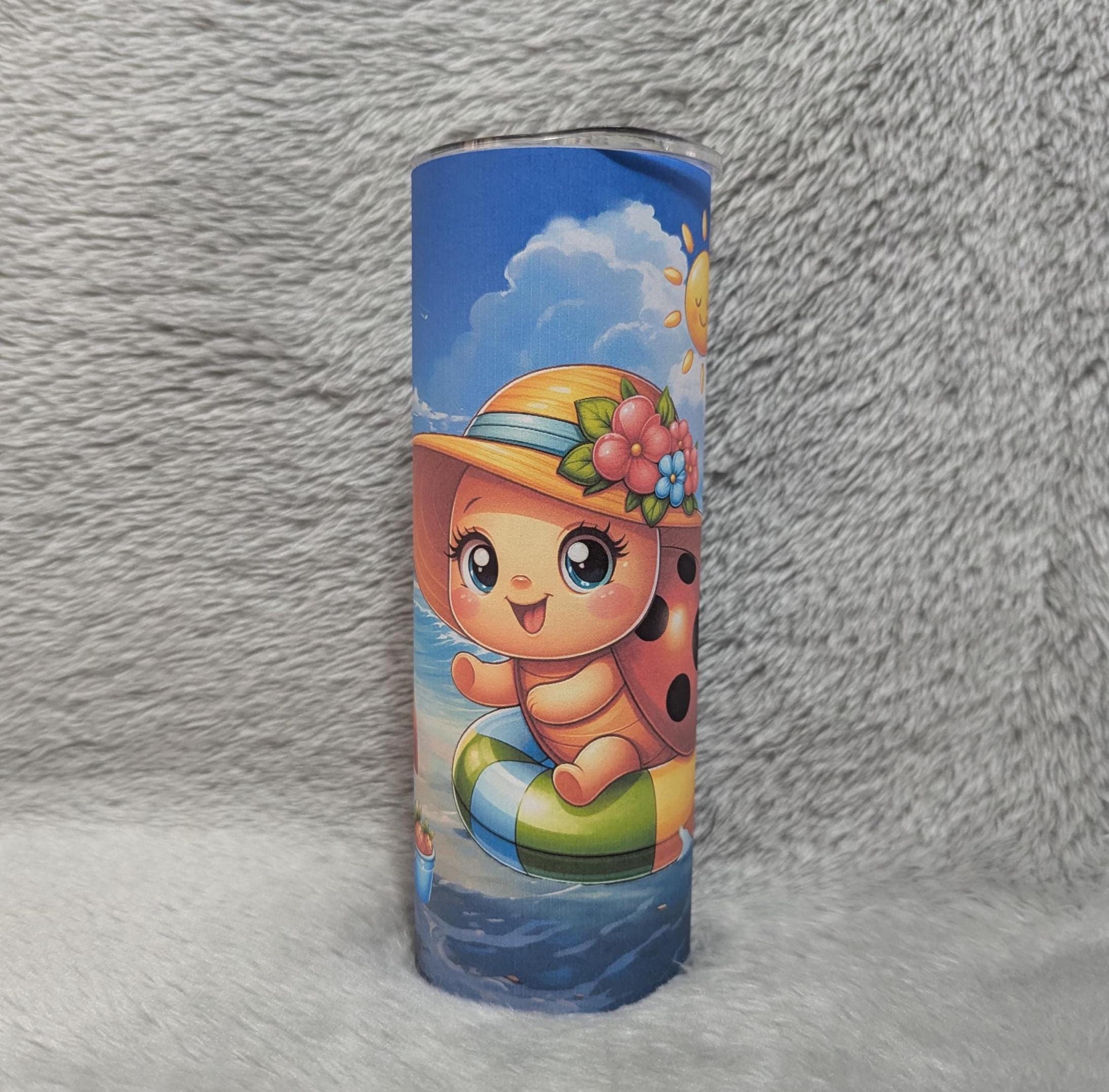 Beach Ladybug Tumbler 20oz With Reusable Straw, Can Be Personalized