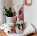 Pretty Winter Cardinals Tumbler Can Be Personalized, Great For Everyday Use - Hot Or Cold Drinks, Bird Lover Gift,  20oz Tumbler With Straw