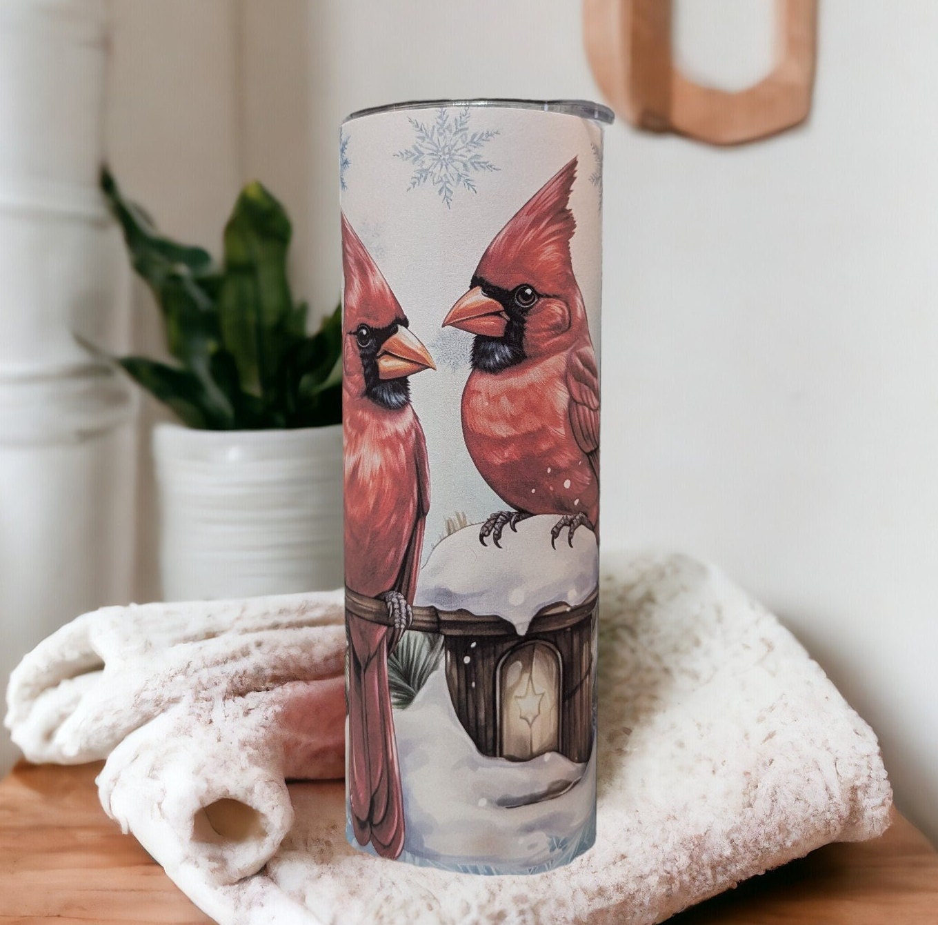 Pretty Winter Cardinals Tumbler Can Be Personalized, Great For Everyday Use - Hot Or Cold Drinks, Bird Lover Gift,  20oz Tumbler With Straw