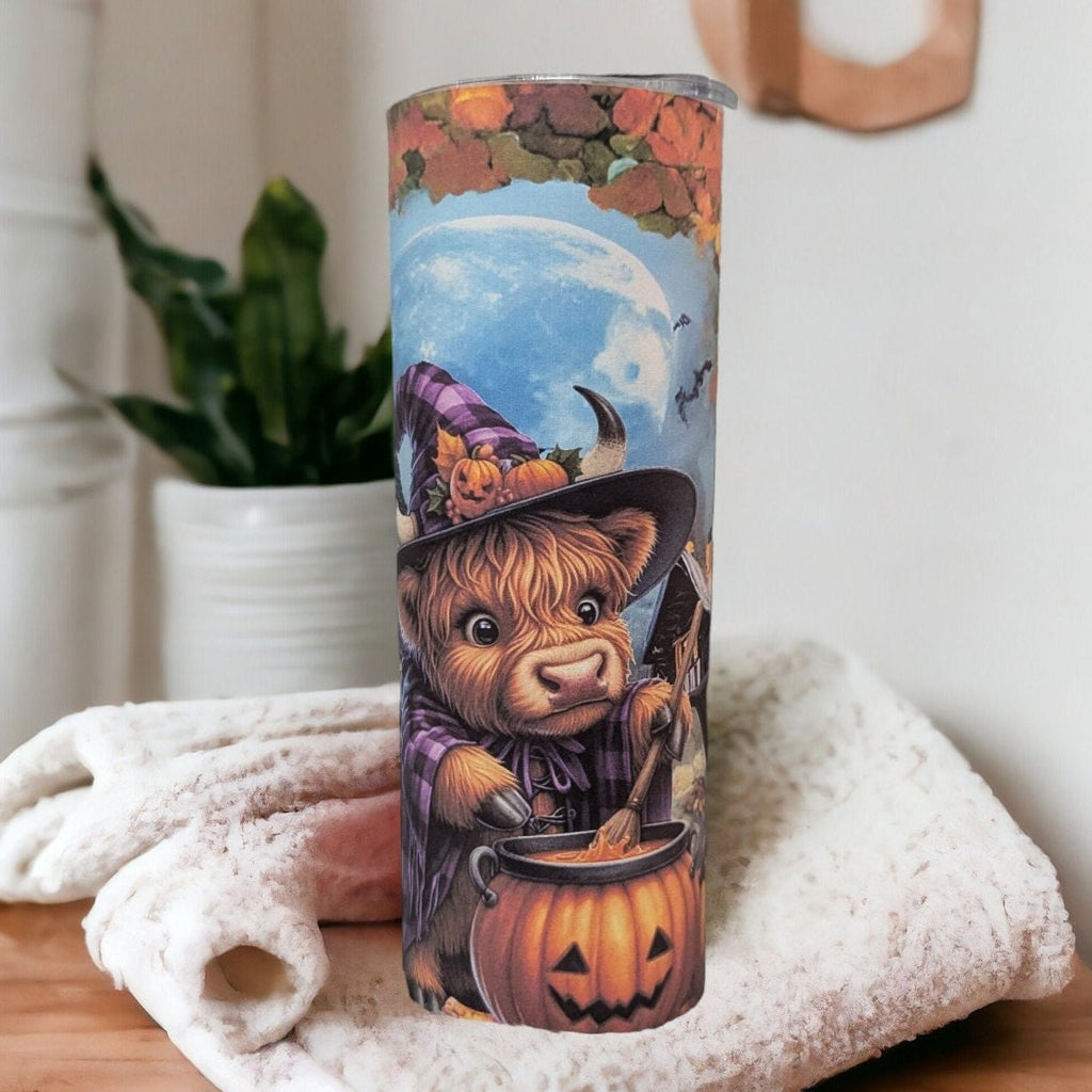 Halloween Highland Cow Tumbler Can be Personalized, Perfect for Halloween Lovers, 20oz Tumbler With Reusable Straw