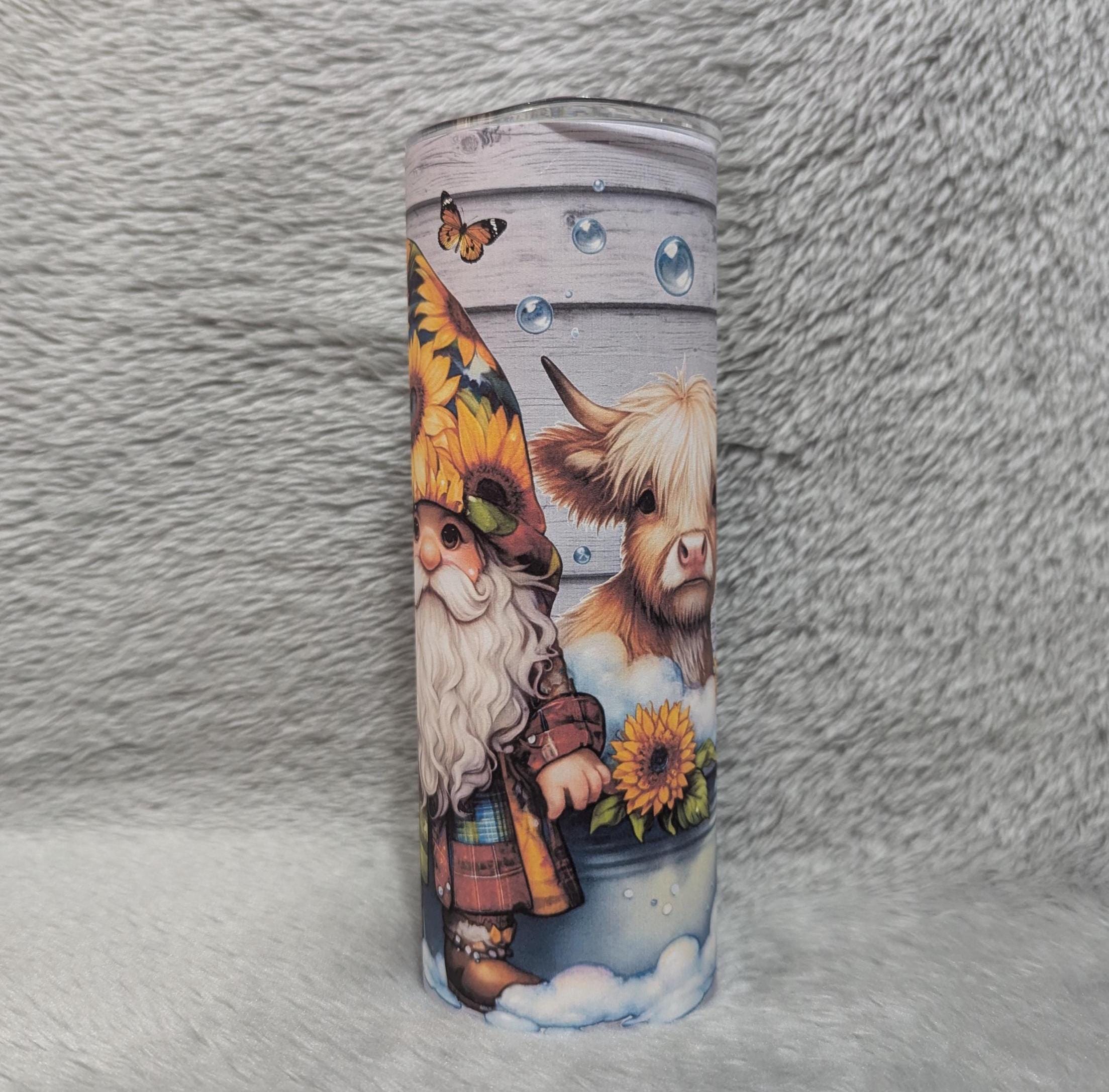Gnome With Highland Cow Tumbler Can Be Personalized, Includes A Reusable Straw, 20oz Tumbler, Gnome Lover Gift, For Home Work Or On The Go