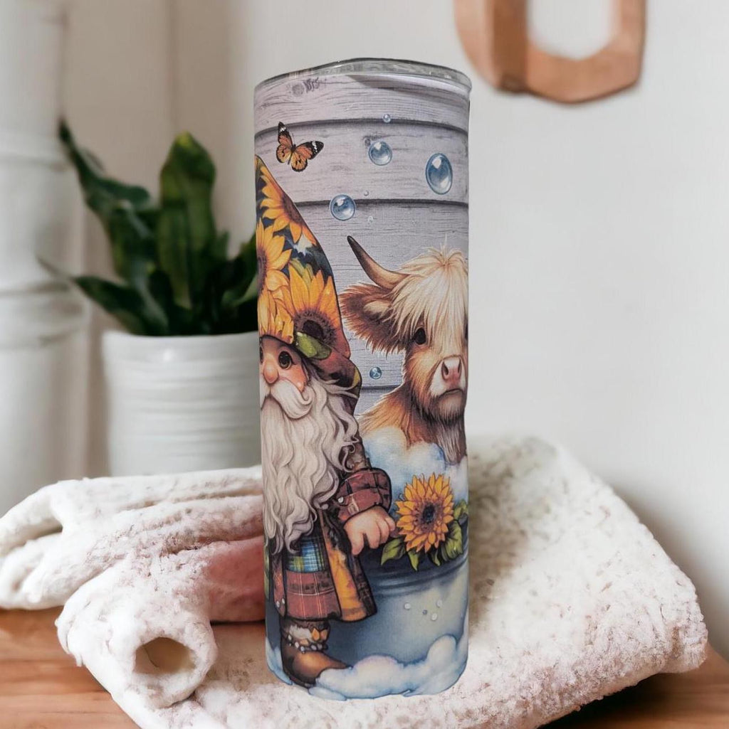 Gnome With Highland Cow Tumbler Can Be Personalized, Includes A Reusable Straw, 20oz Tumbler, Gnome Lover Gift, For Home Work Or On The Go