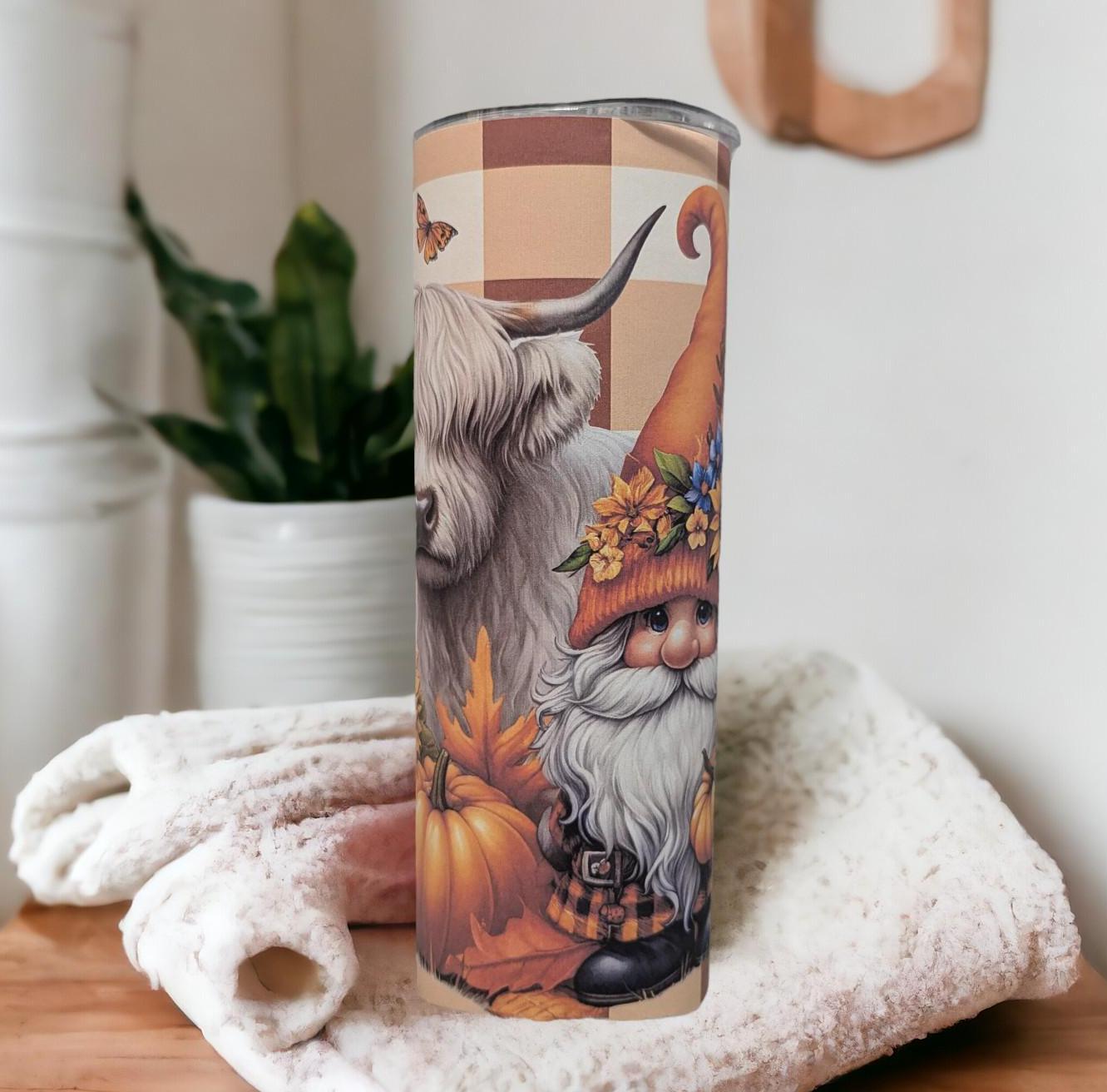 Autumn Gnome With Highland Cow Tumbler 20oz With Reusable Straw, Can Be Personalized