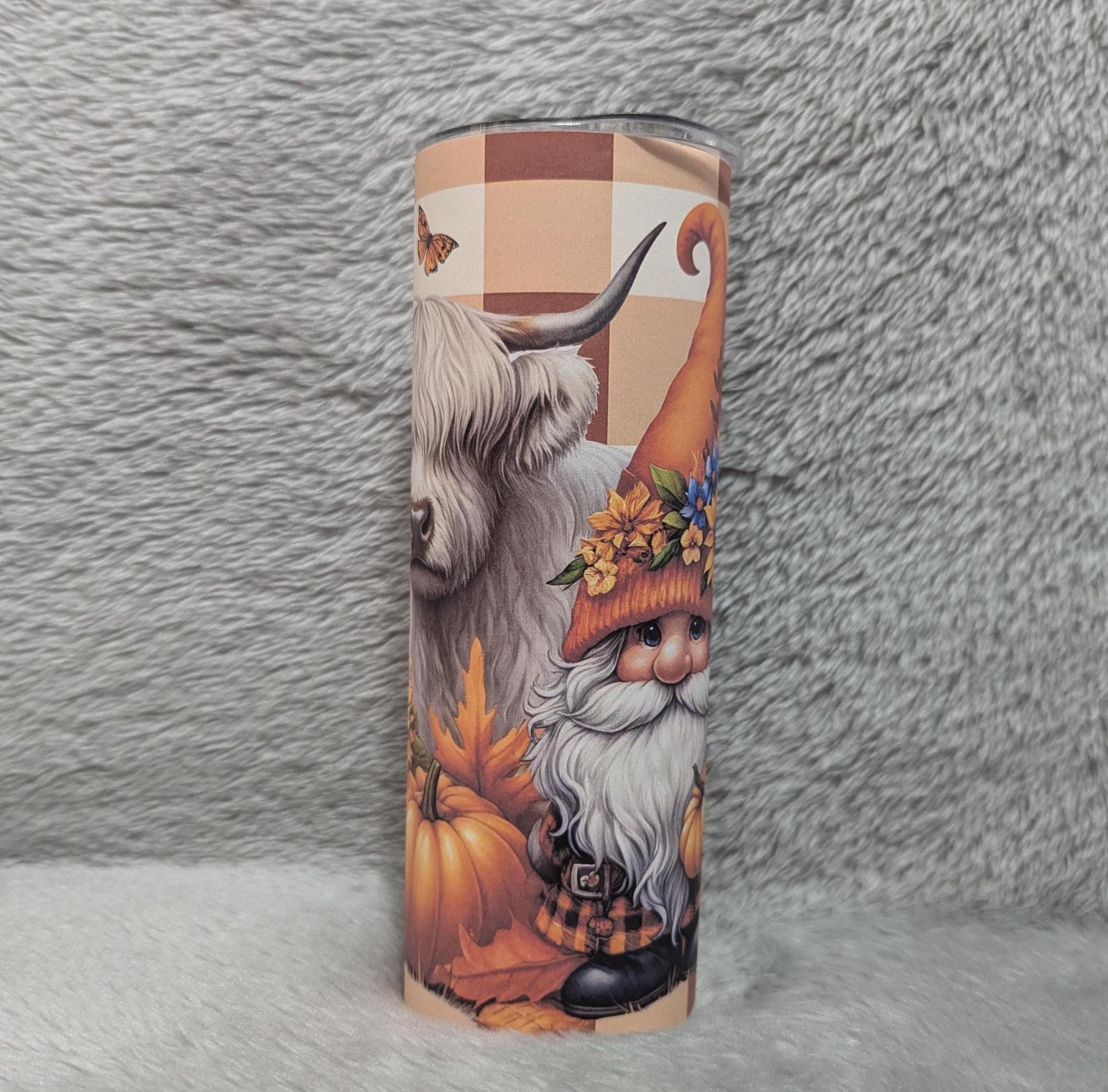 Autumn Gnome With Highland Cow Tumbler 20oz With Reusable Straw, Can Be Personalized