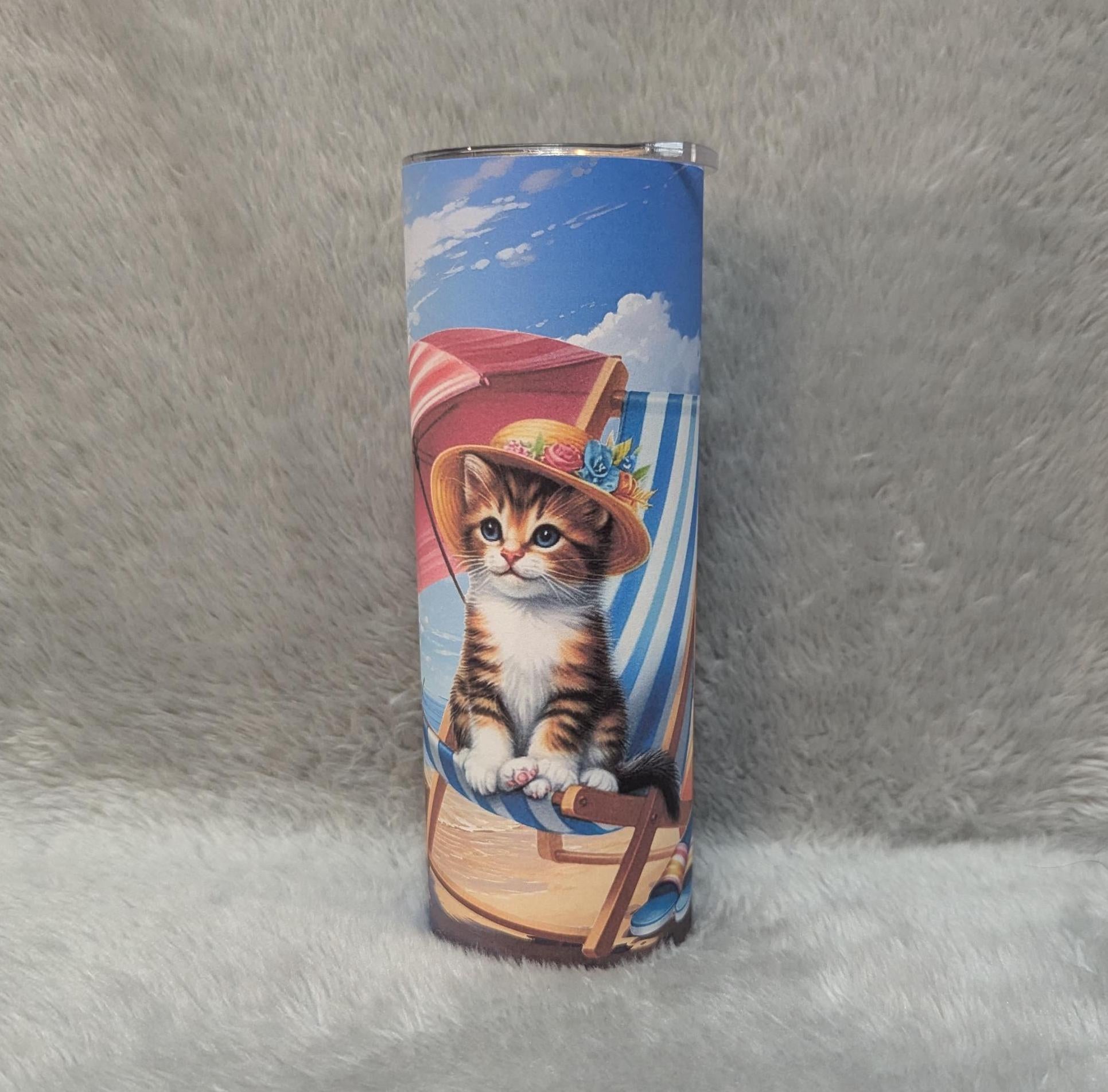 Cute Beach Cat Tumbler 20oz With Reusable Straw, Can Be Personalized