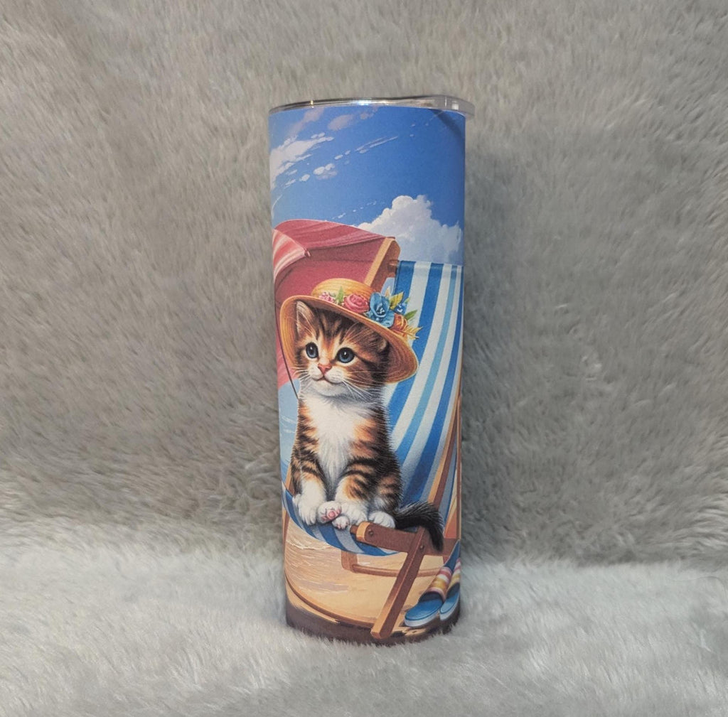 Cute Beach Cat Tumbler 20oz With Reusable Straw, Can Be Personalized