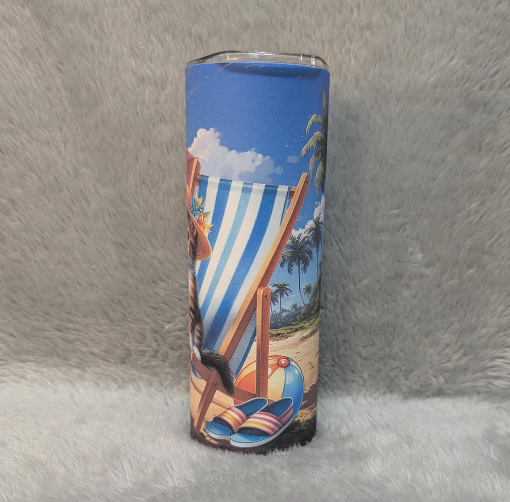 Cute Beach Cat Tumbler 20oz With Reusable Straw, Can Be Personalized