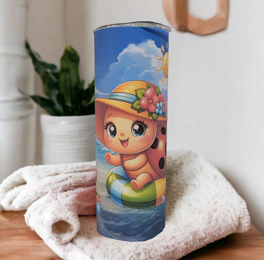 Beach Ladybug Tumbler 20oz With Reusable Straw, Can Be Personalized