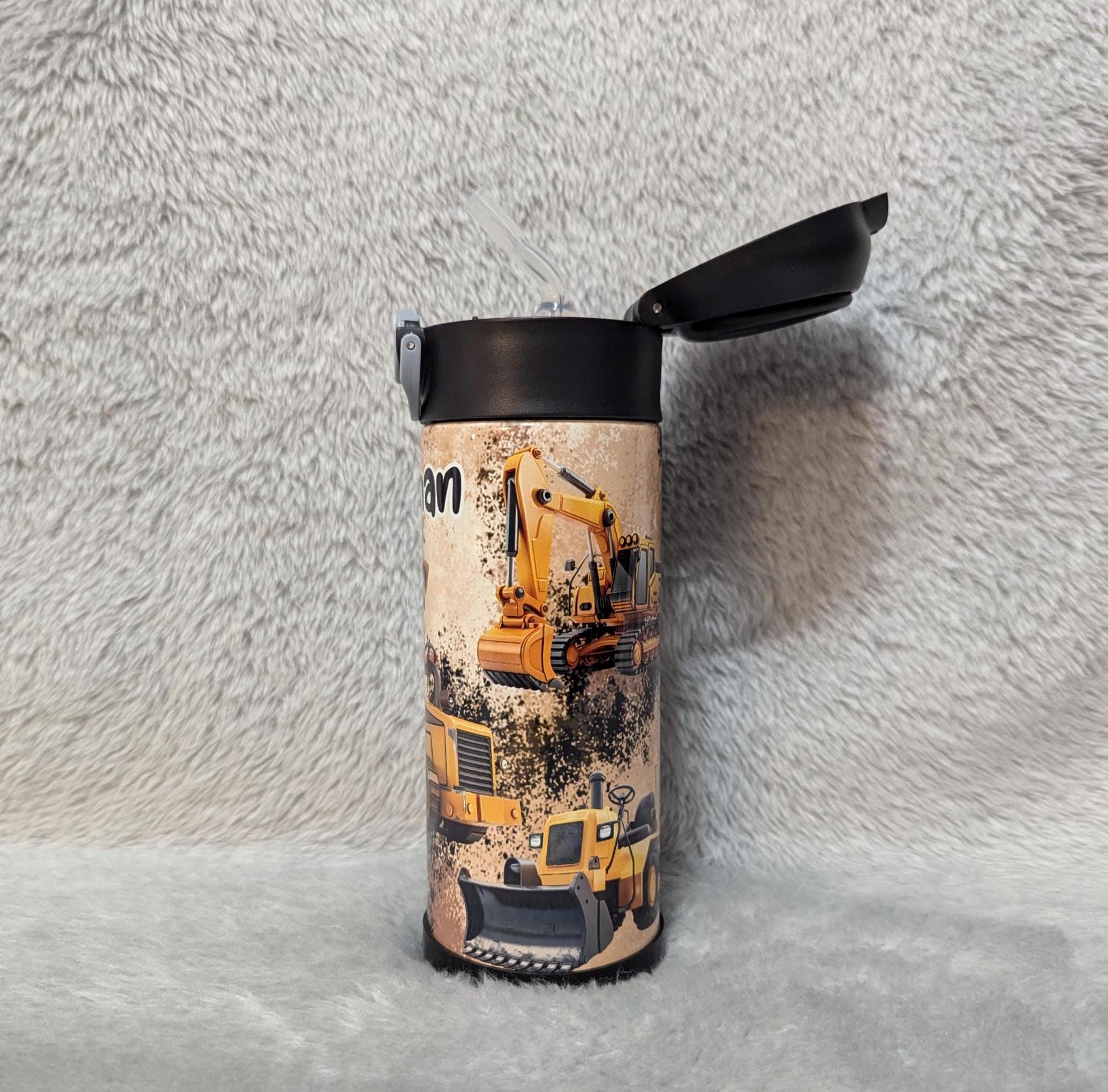 Kids Construction Water 12oz With Reusable Straw Can Be Personalized