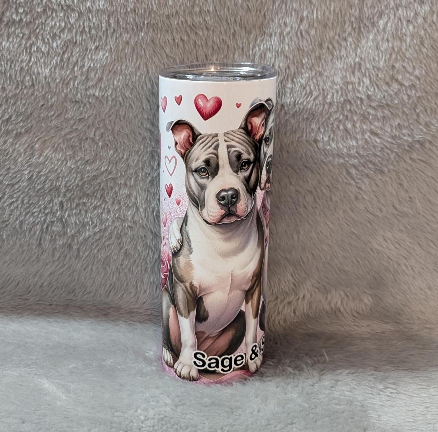 Cute Pitbull and Heart Design Tumbler 20oz With Reusable Straw, Can Be Personalized