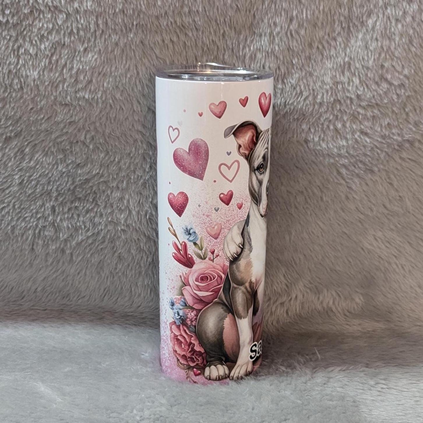 Cute Pitbull and Heart Design Tumbler 20oz With Reusable Straw, Can Be Personalized