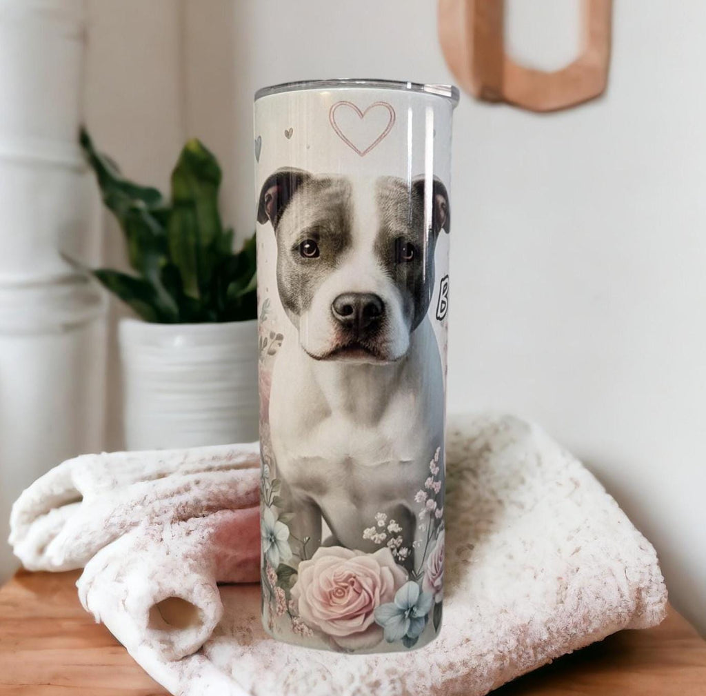 Floral Pitbull Tumbler 20oz With Reusable Straw, Can Be Personalized