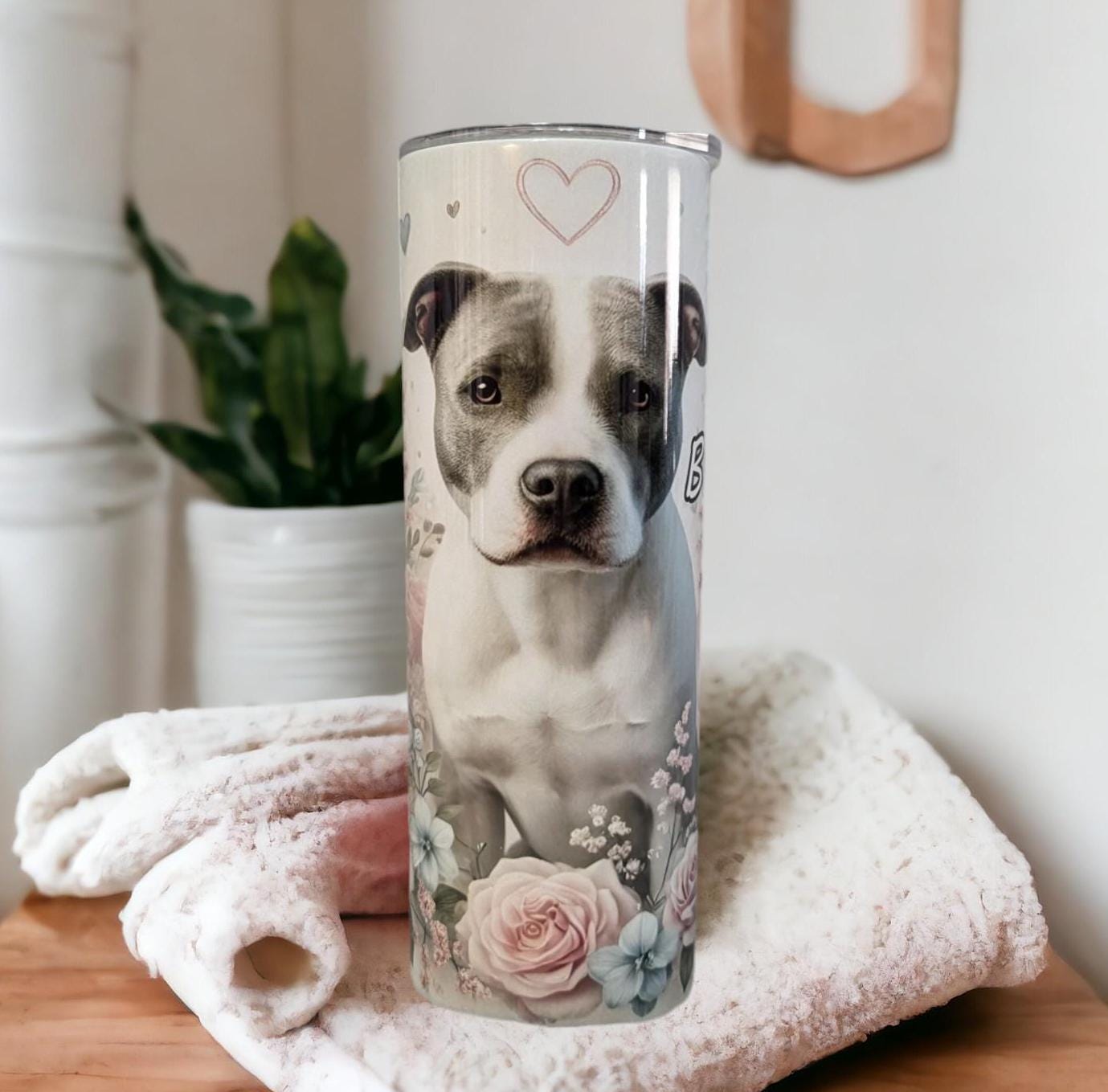 Floral Pitbull Tumbler 20oz With Reusable Straw, Can Be Personalized