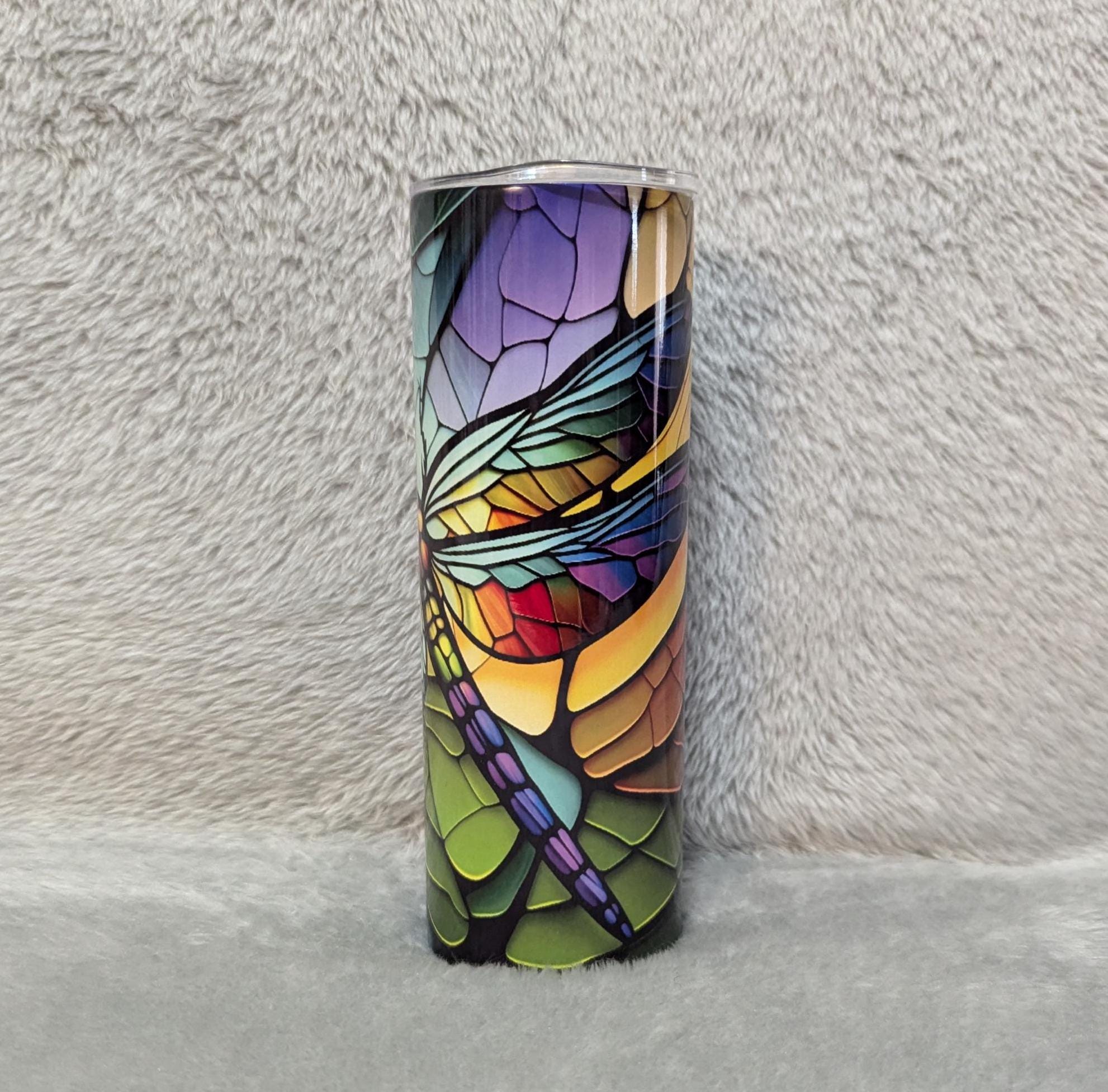 Dragonfly Tumbler With A Stained Glass Design, Dragonfly Cup, Dragonfly Gift, Dragonfly Lover Tumbler, Dragonfly Design, 20oz Tumbler