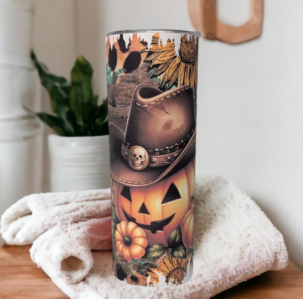 Western Pumpkin Tumbler 20oz With Reusable Straw, Can Be Personalized