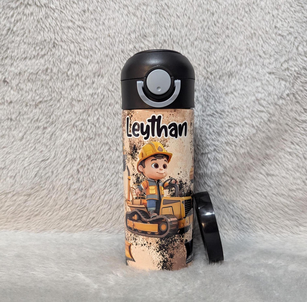Kids Construction Water 12oz With Reusable Straw Can Be Personalized