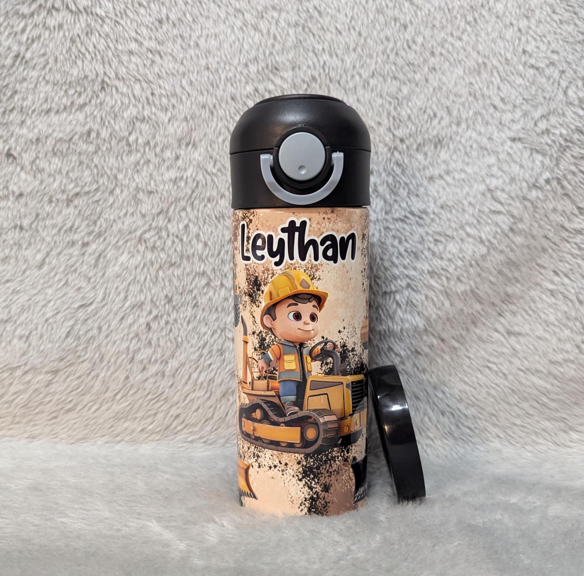 Kids Construction Water 12oz With Reusable Straw Can Be Personalized