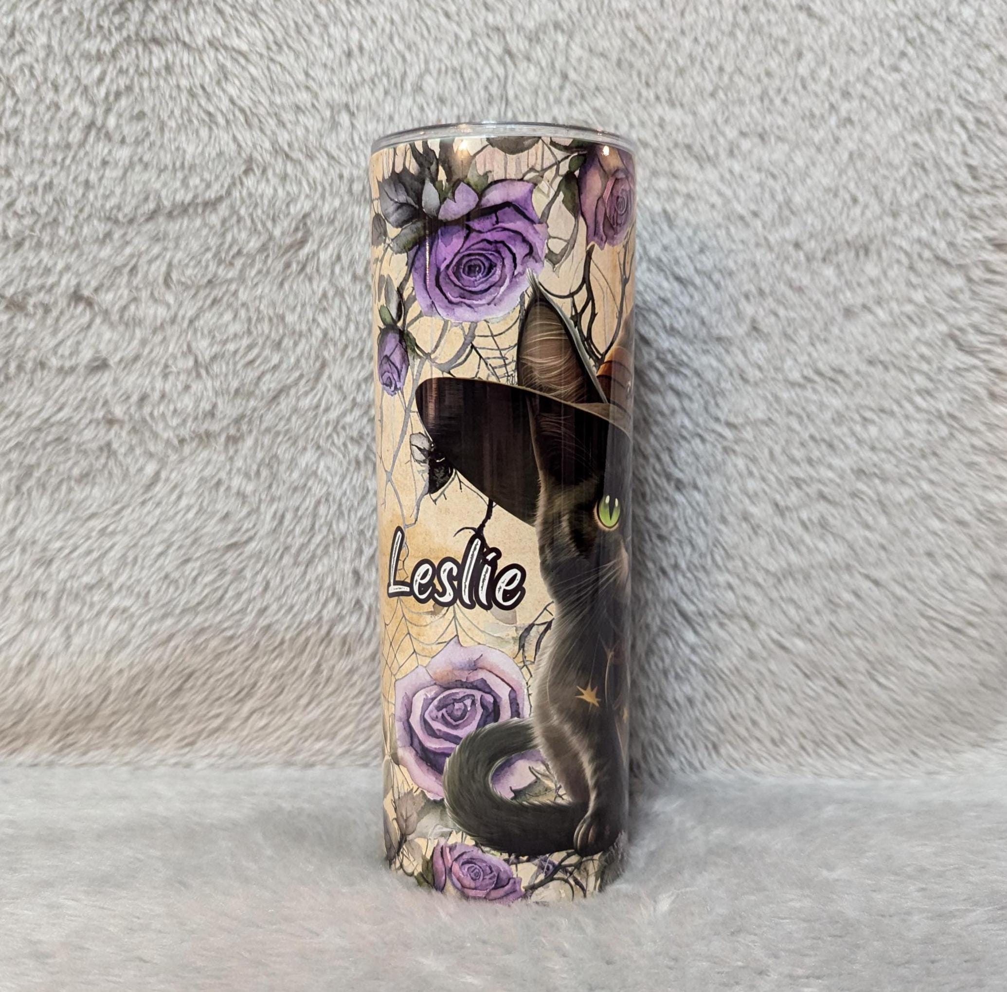 Adorable Black Kitten With Witch Hat and Floral Accents Tumbler, Cat Tumbler With Straw, Kitten Tumbler, Cat Lover Gift, Black Cat Lover
