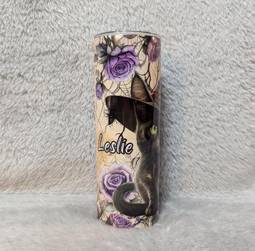 Adorable Black Kitten With Witch Hat and Floral Accents Tumbler, Cat Tumbler With Straw, Kitten Tumbler, Cat Lover Gift, Black Cat Lover