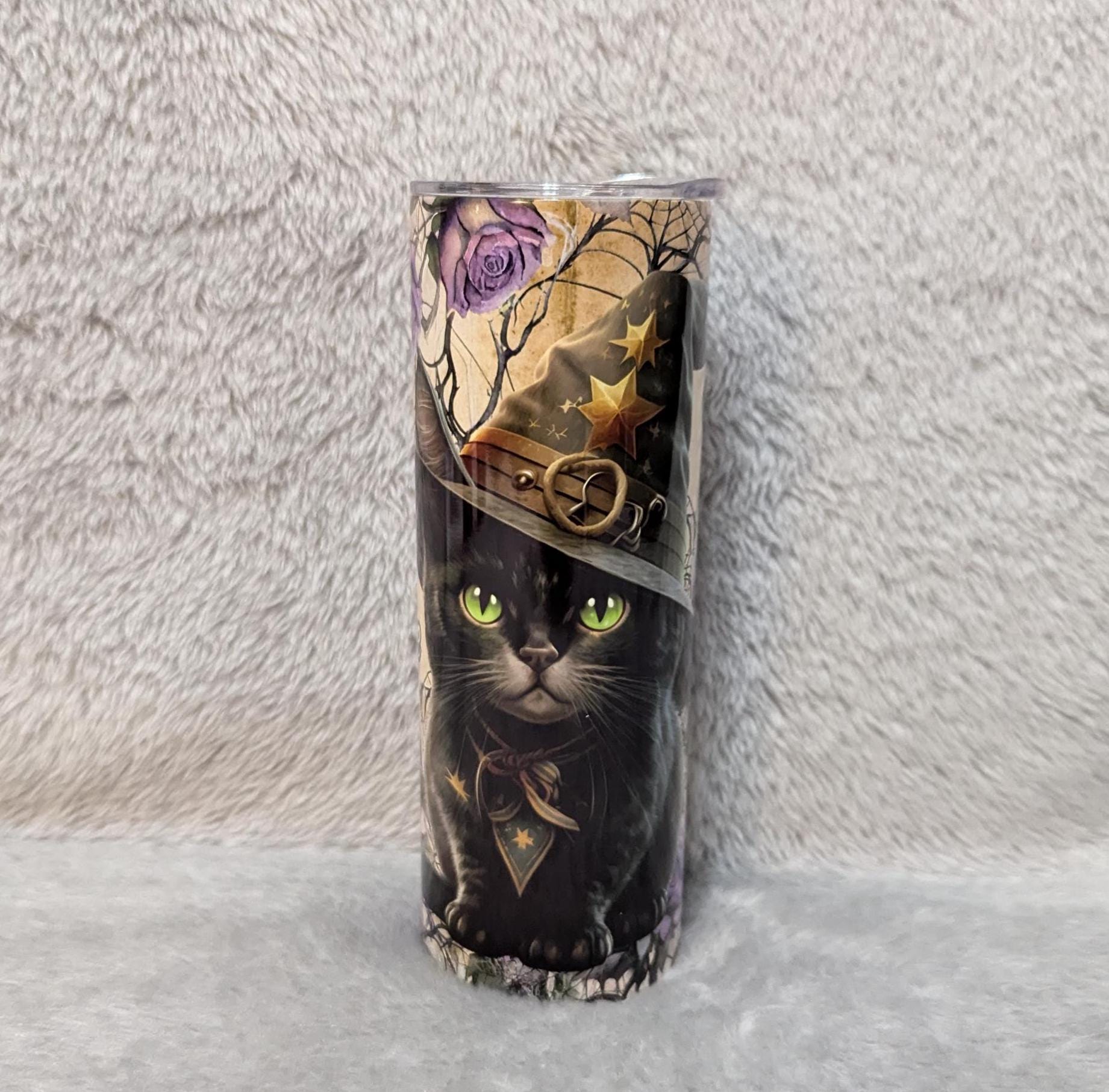 Adorable Black Kitten With Witch Hat and Floral Accents Tumbler, Cat Tumbler With Straw, Kitten Tumbler, Cat Lover Gift, Black Cat Lover