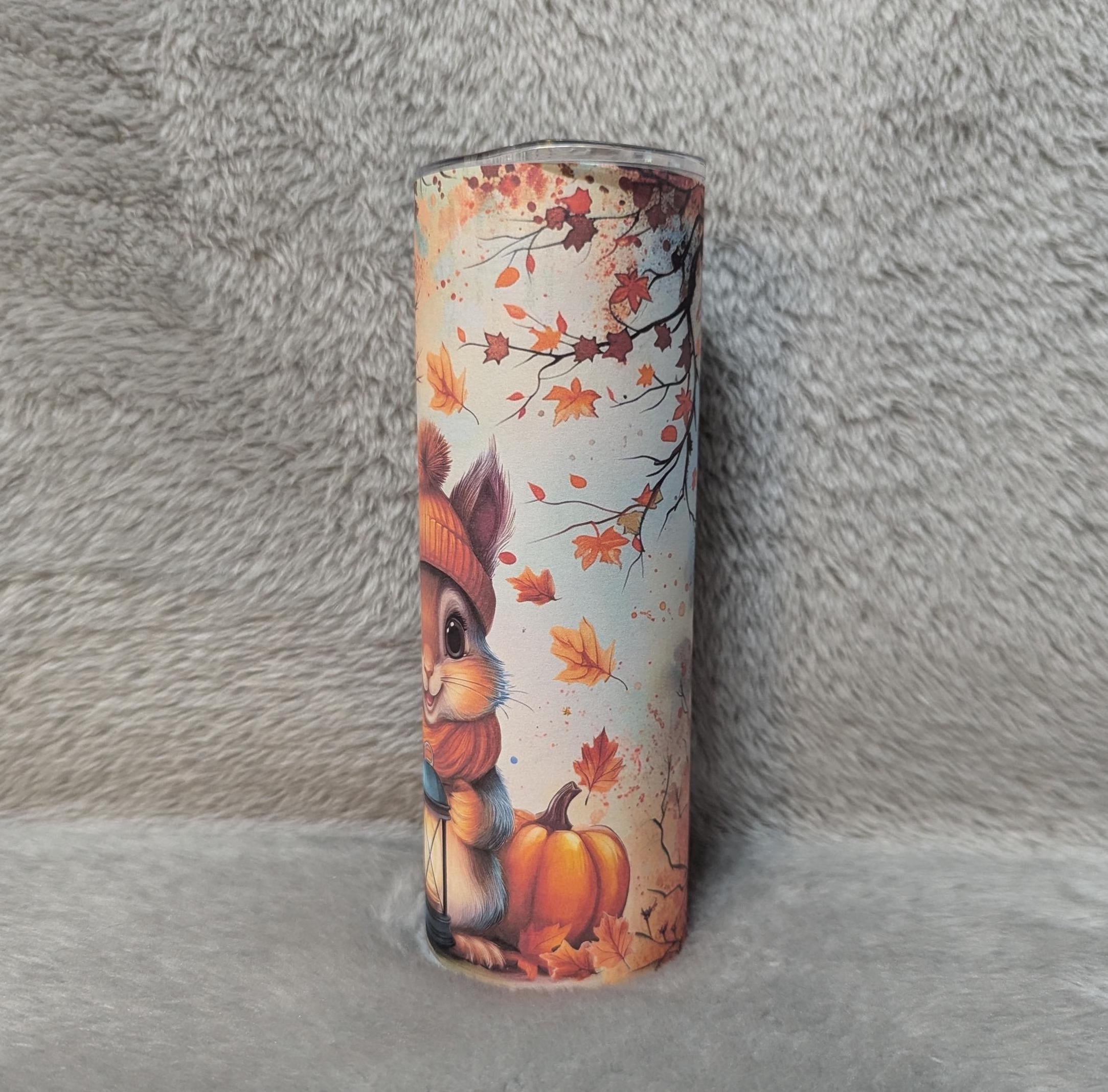 Squirrel Tumbler with Autumn Leaves 20oz With Reusable Straw, Can Be Personalized