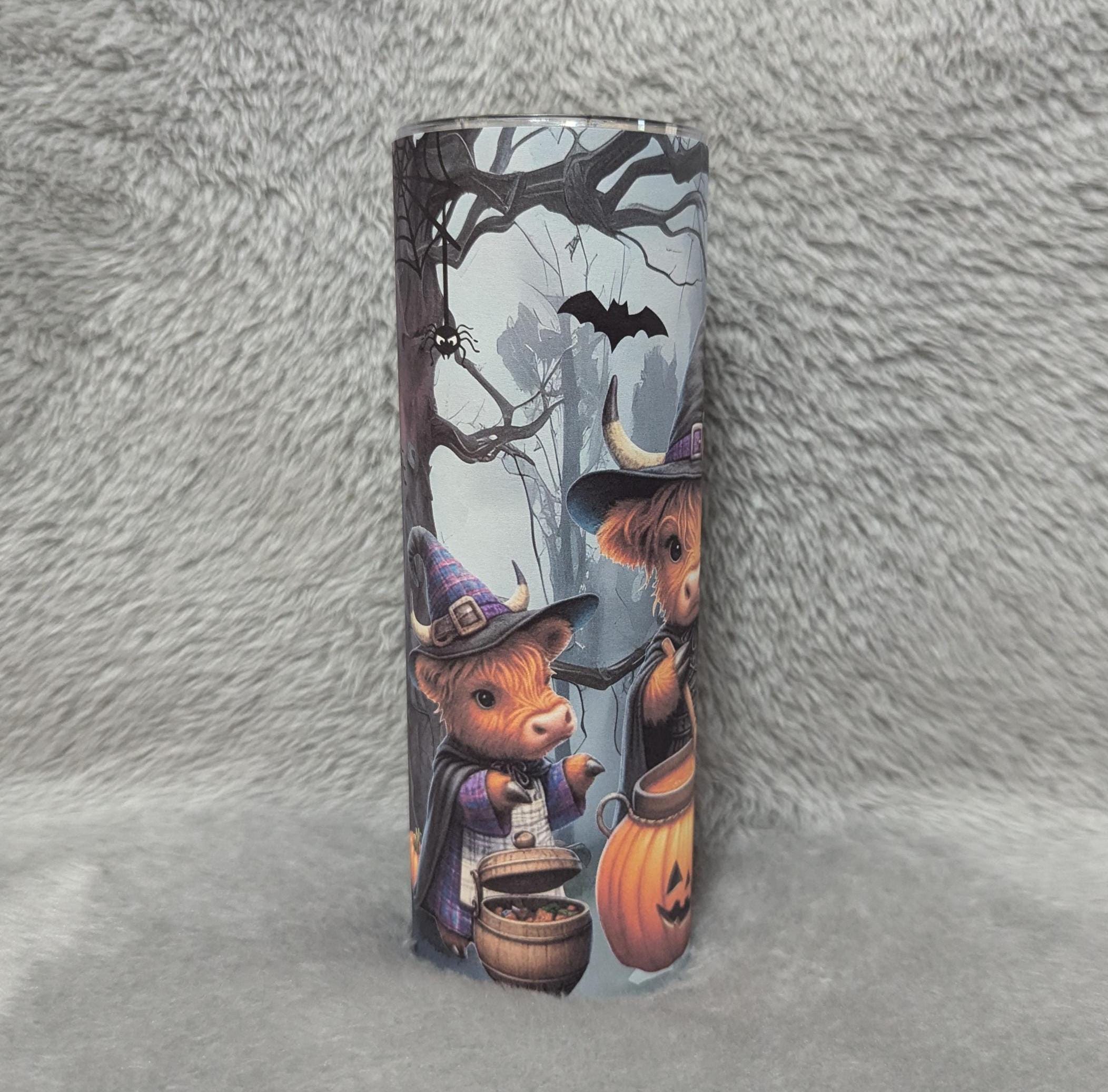 Halloween Highland Cow Witches Tumbler Can be Personalized, Perfect for Halloween Lovers, 20oz Tumbler With Reusable Straw