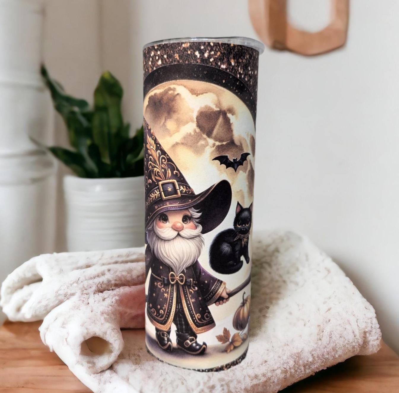 Wizard Gnome With Black Cat 20oz With Reusable Straw, Can Be Personalized