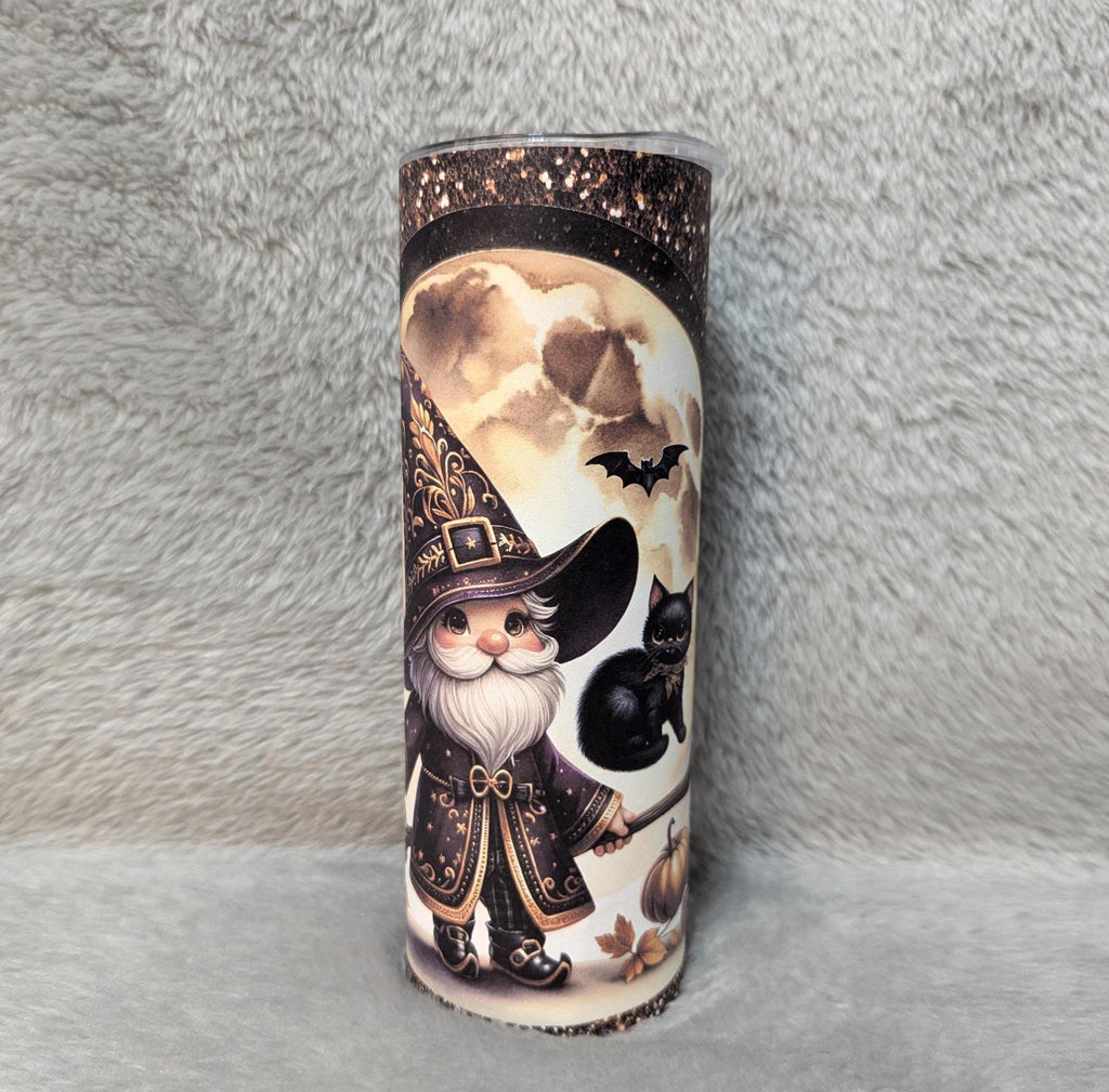Wizard Gnome With Black Cat 20oz With Reusable Straw, Can Be Personalized