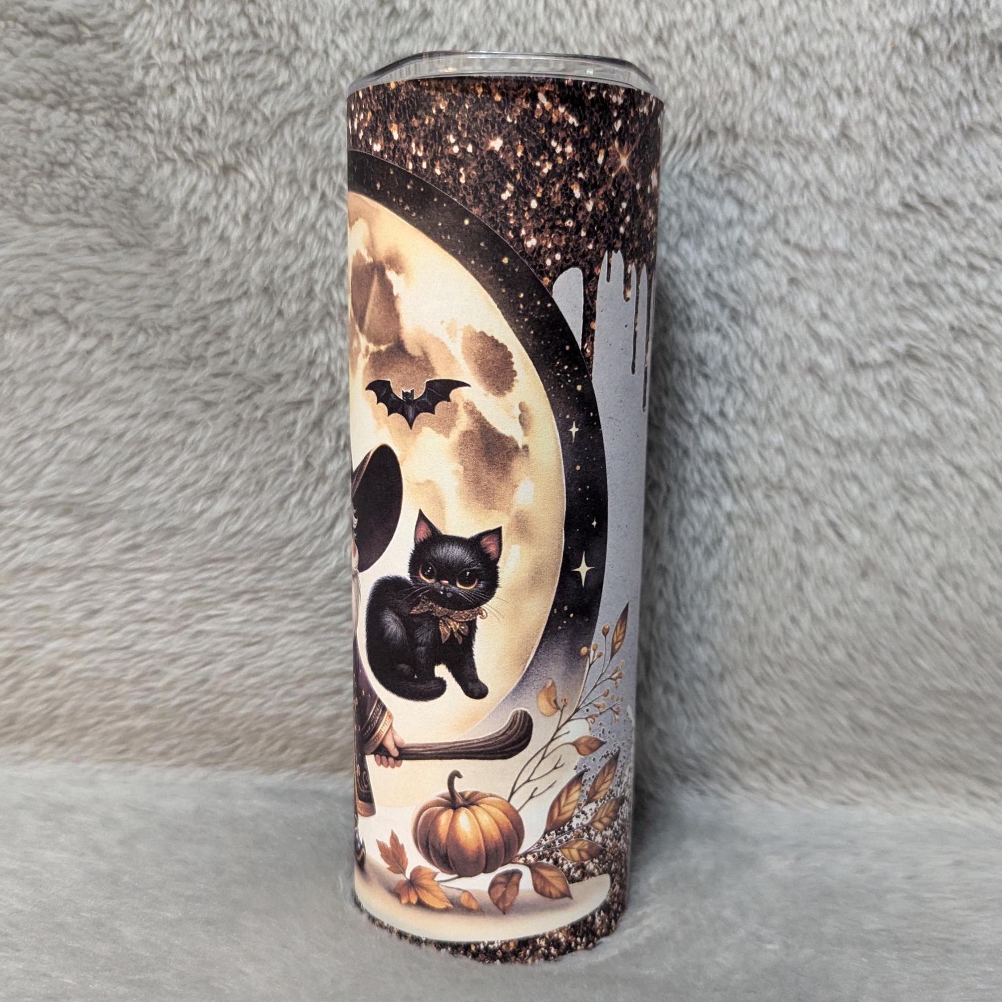 Wizard Gnome With Black Cat 20oz With Reusable Straw, Can Be Personalized