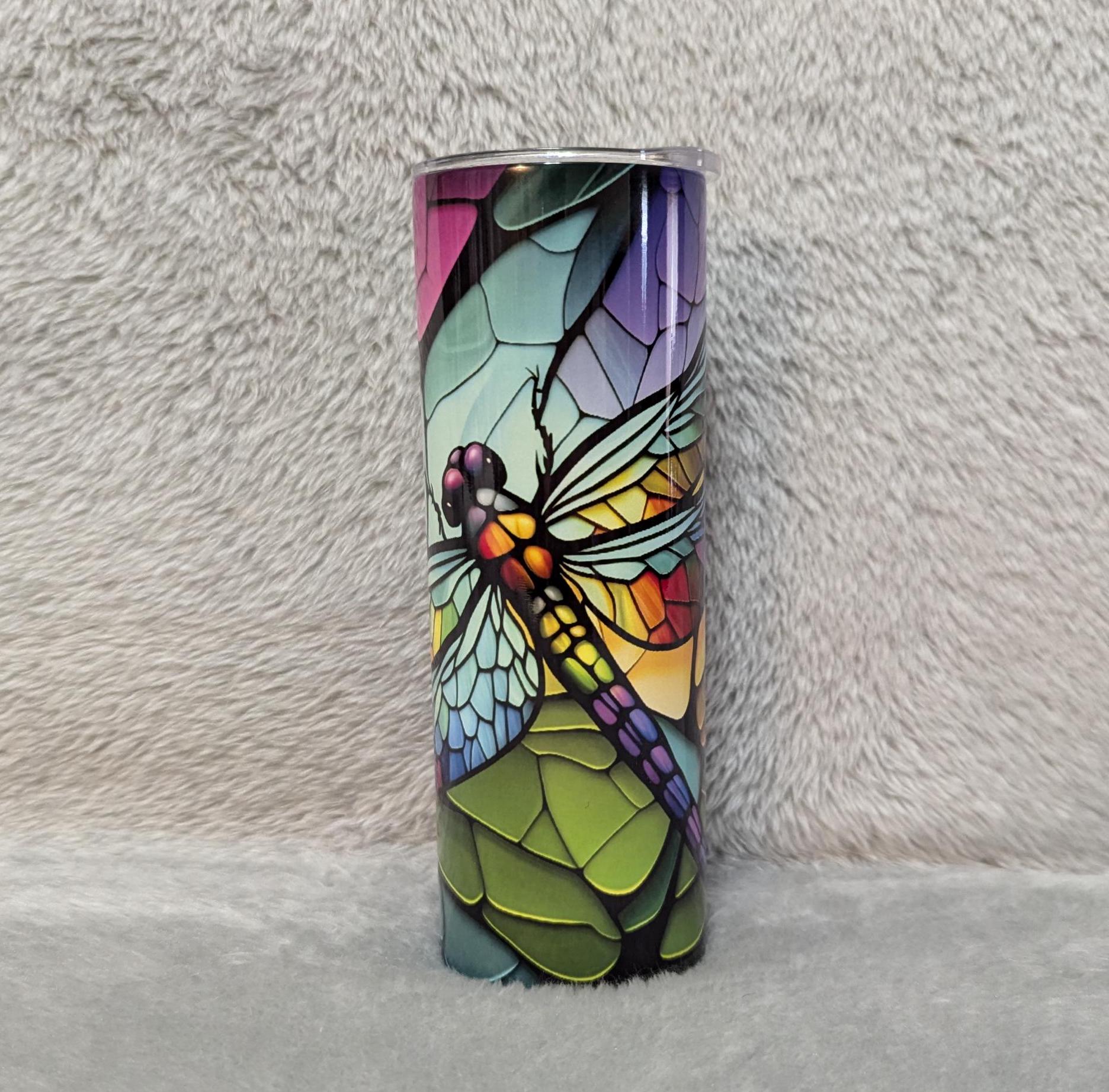 Dragonfly Tumbler With A Stained Glass Design, Dragonfly Cup, Dragonfly Gift, Dragonfly Lover Tumbler, Dragonfly Design, 20oz Tumbler