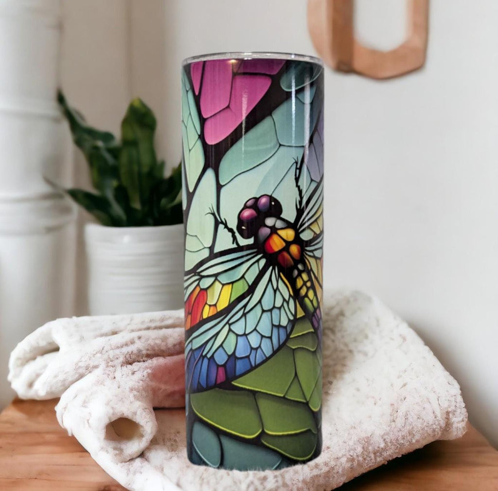 Dragonfly Tumbler With A Stained Glass Design, Dragonfly Cup, Dragonfly Gift, Dragonfly Lover Tumbler, Dragonfly Design, 20oz Tumbler
