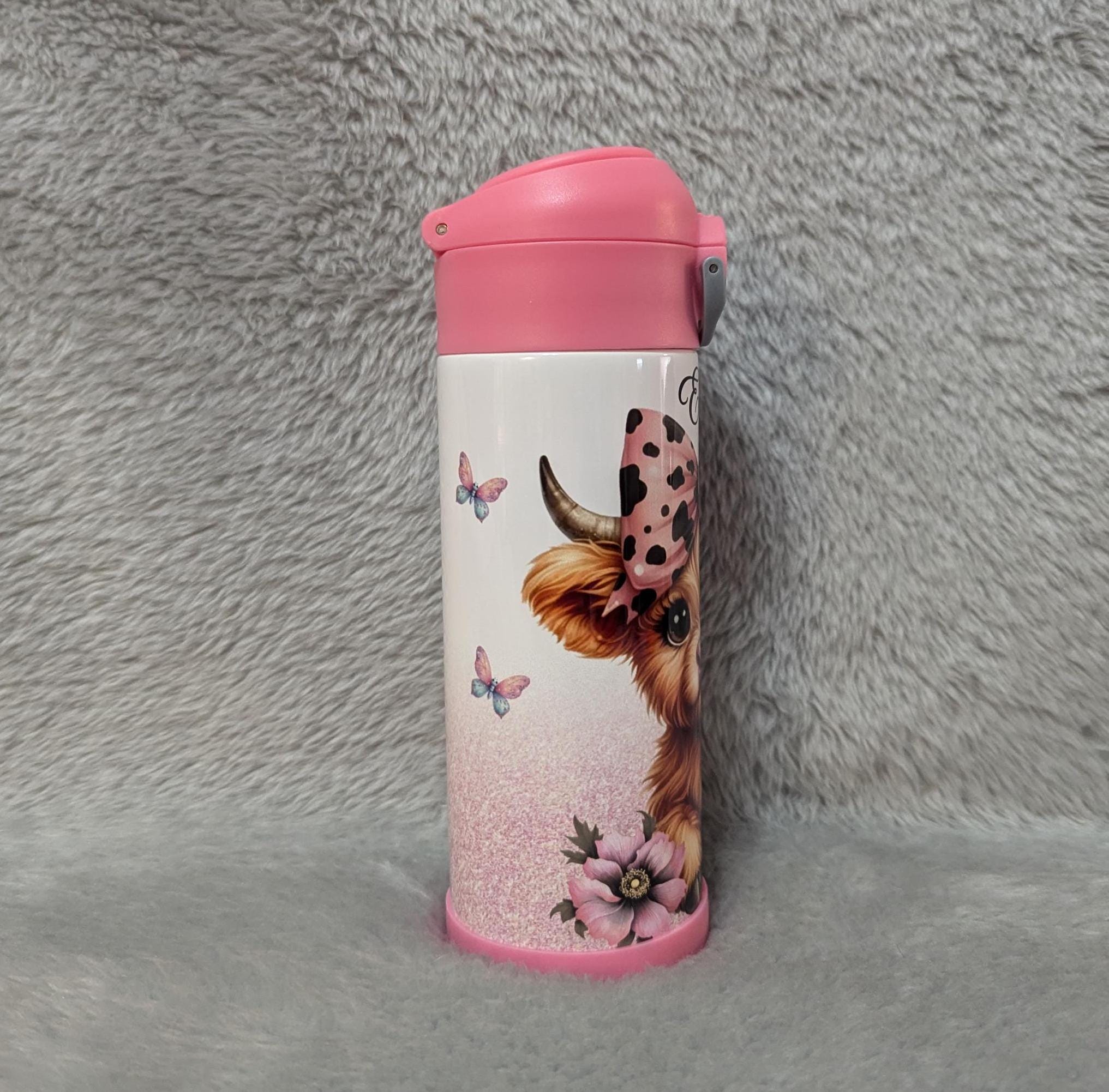 Kids Highland Cow Water Bottle 12oz With Reusable Straw Can Be Personalized