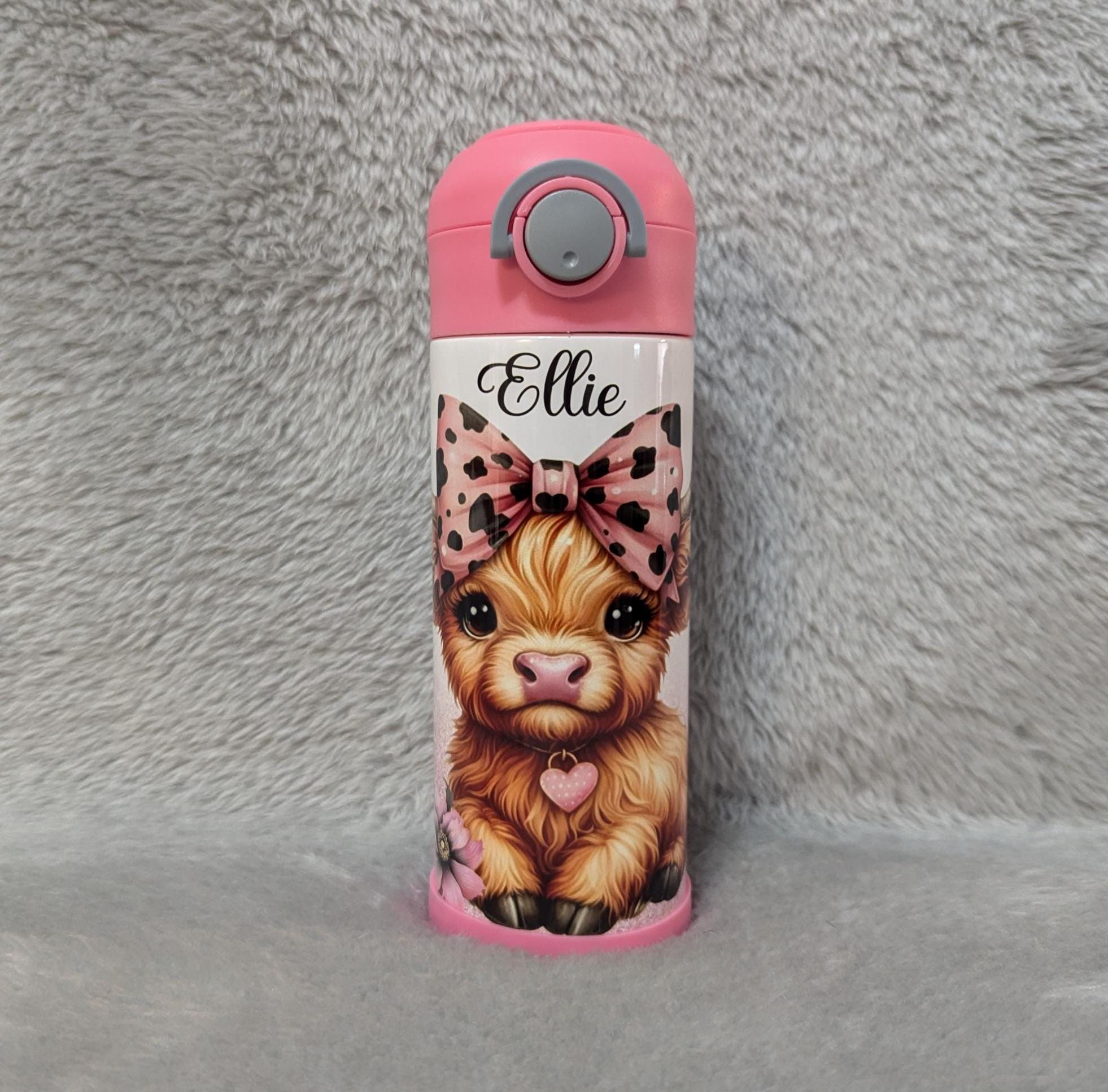 Kids Highland Cow Water Bottle 12oz With Reusable Straw Can Be Personalized