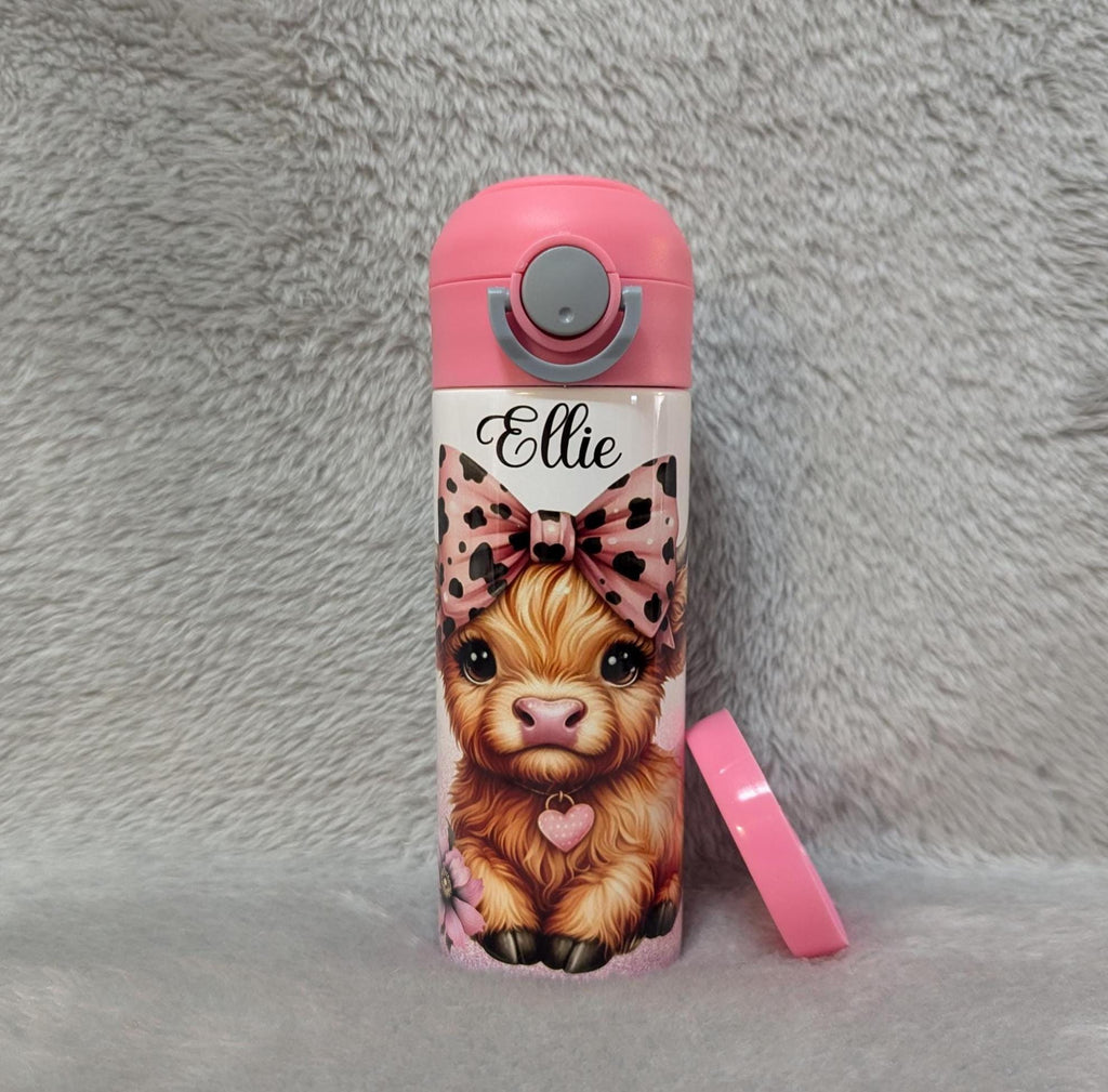 Kids Highland Cow Water Bottle 12oz With Reusable Straw Can Be Personalized
