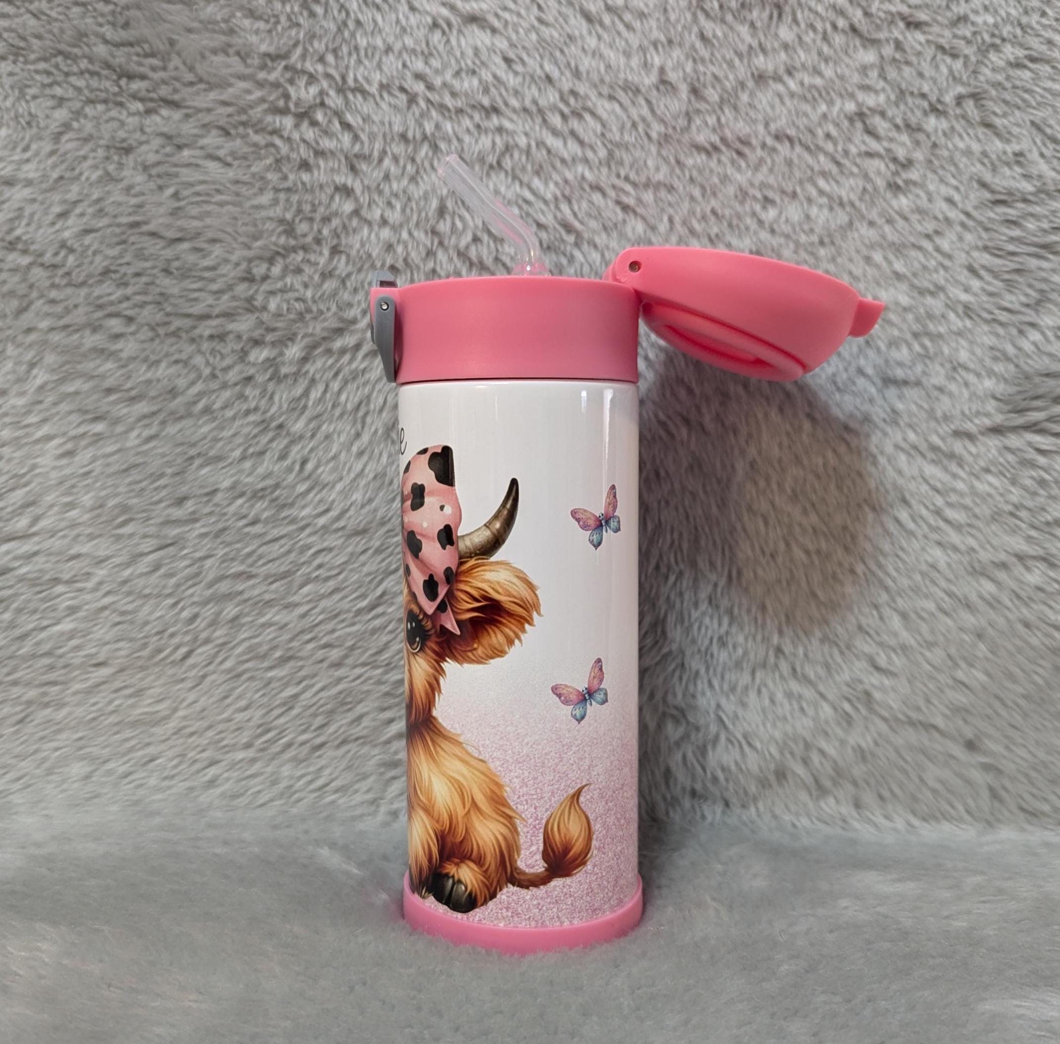 Kids Highland Cow Water Bottle 12oz With Reusable Straw Can Be Personalized