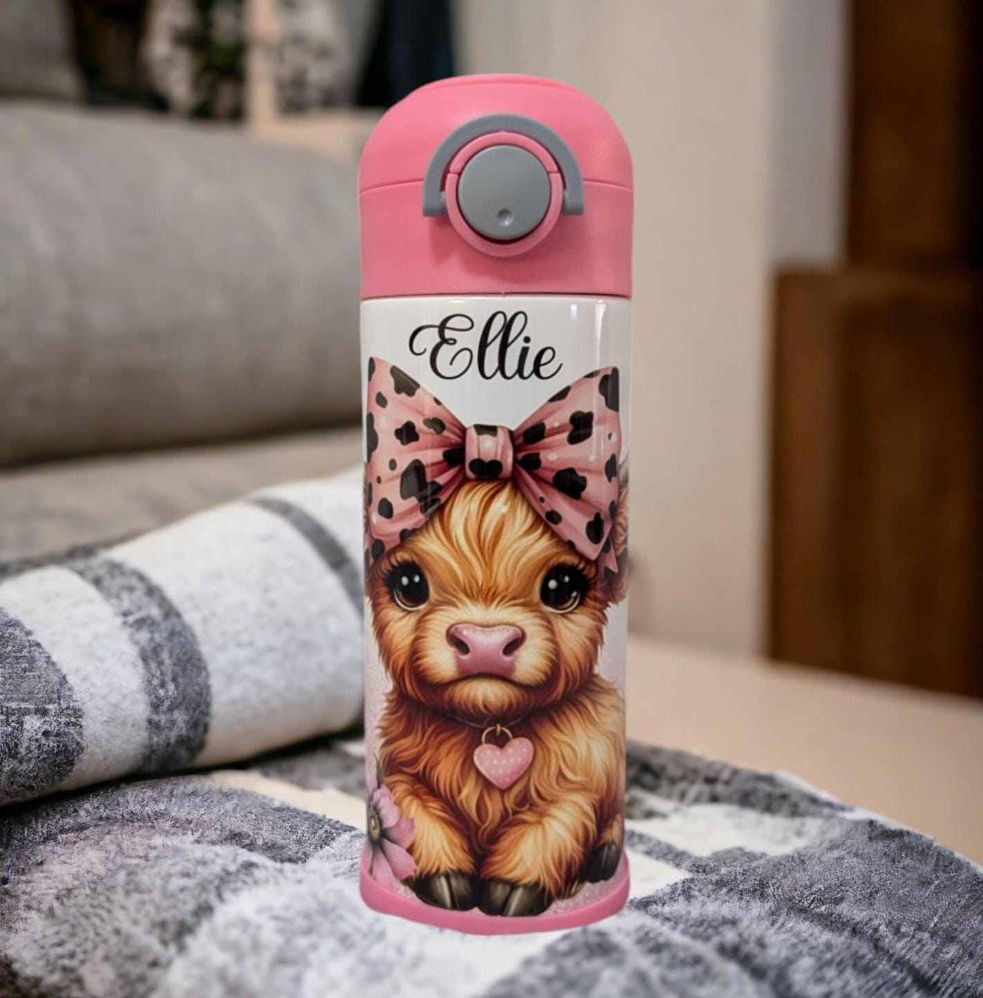 Kids Highland Cow Water Bottle 12oz With Reusable Straw Can Be Personalized