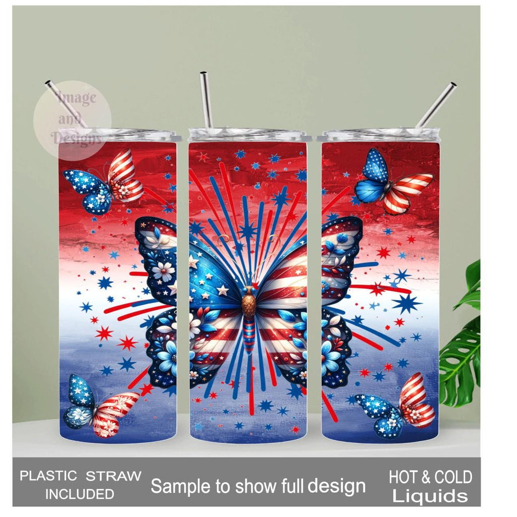 Patriotic Butterfly Tumbler Can Be Personalized, Patriotic Cup With Name, Gift For Patriots, 20oz Tumbler With Reusable Straw