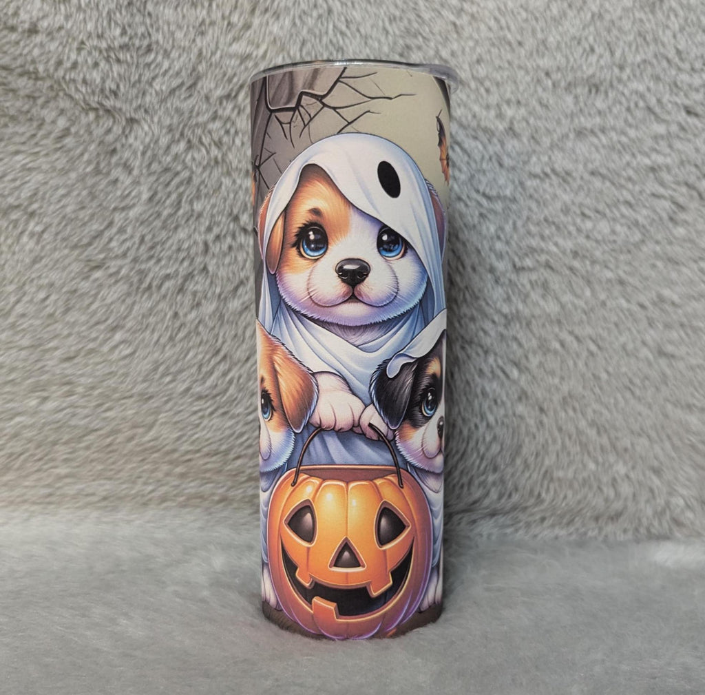 Cute Halloween Puppies 20oz Tumbler Can Be Personalized, Ghost Puppy Tumbler, Halloween Gift, Includes A Straw, Halloween Party Gift For Her