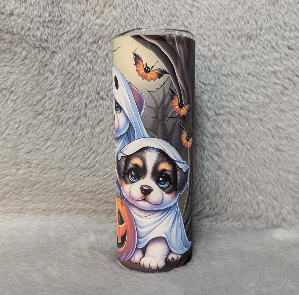 Cute Halloween Puppies 20oz Tumbler Can Be Personalized, Ghost Puppy Tumbler, Halloween Gift, Includes A Straw, Halloween Party Gift For Her