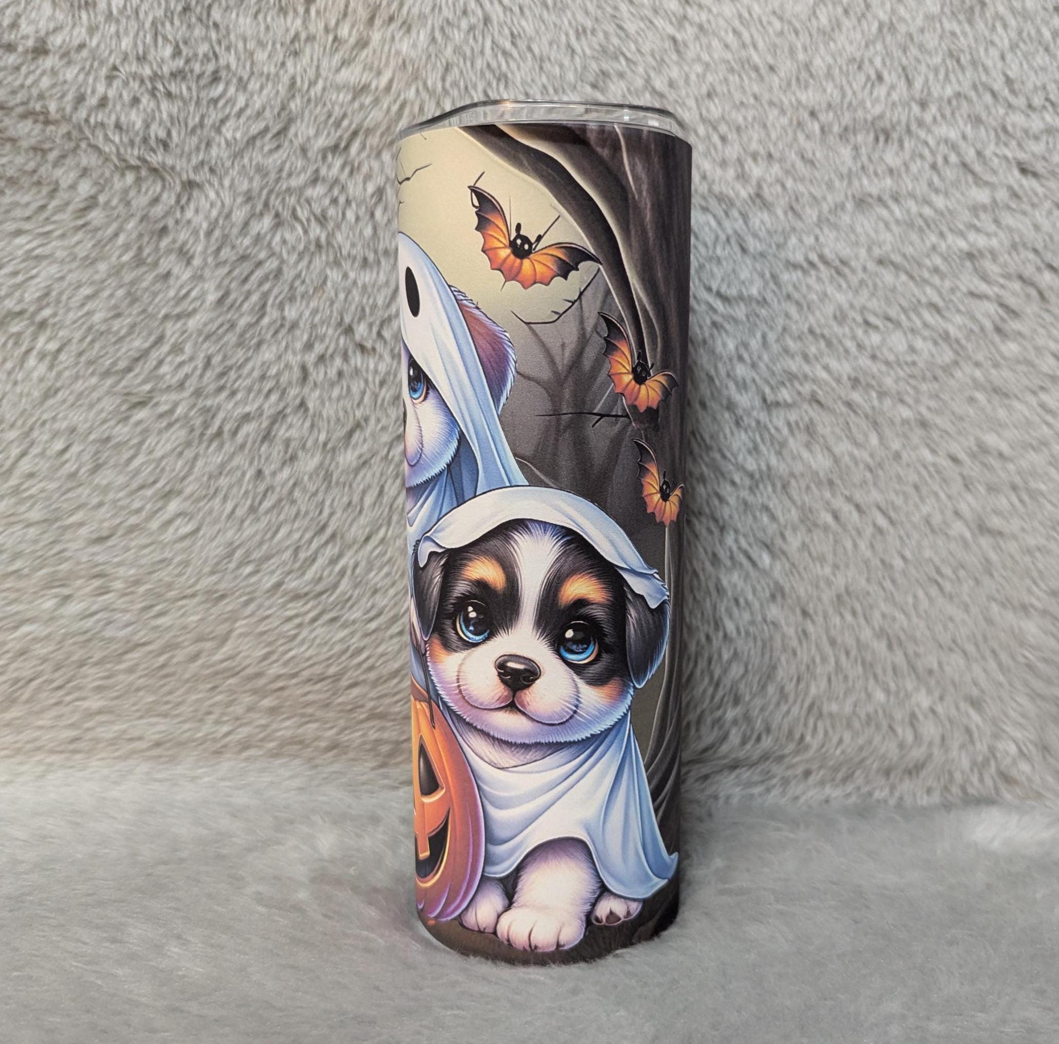 Cute Halloween Puppies 20oz Tumbler Can Be Personalized, Ghost Puppy Tumbler, Halloween Gift, Includes A Straw, Halloween Party Gift For Her