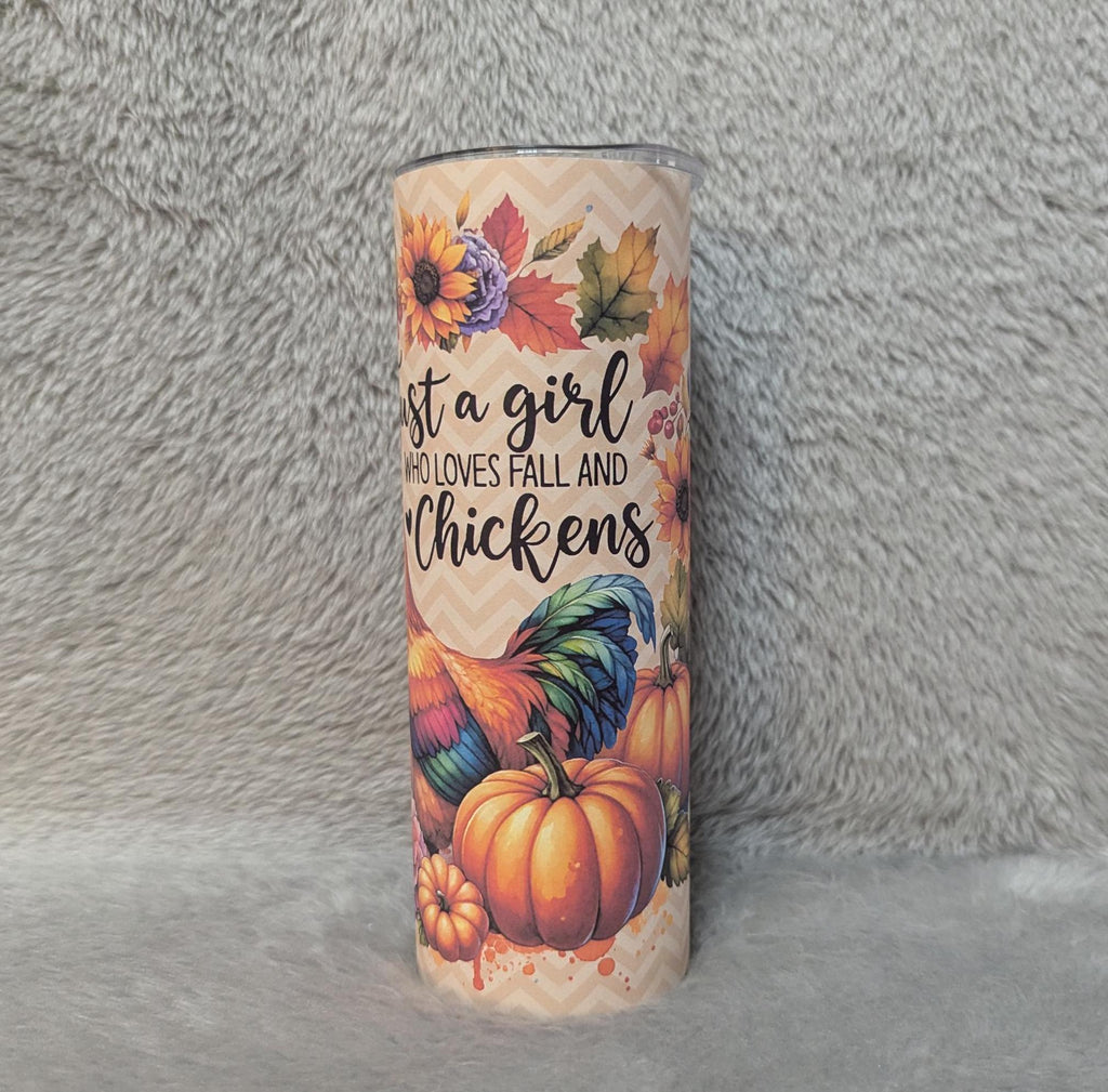 Just A Girl Who Loves Fall and Chickens 20oz Tumbler Can Be Personalized, Great For Hot Or Cold Drinks - Home Or On The Go