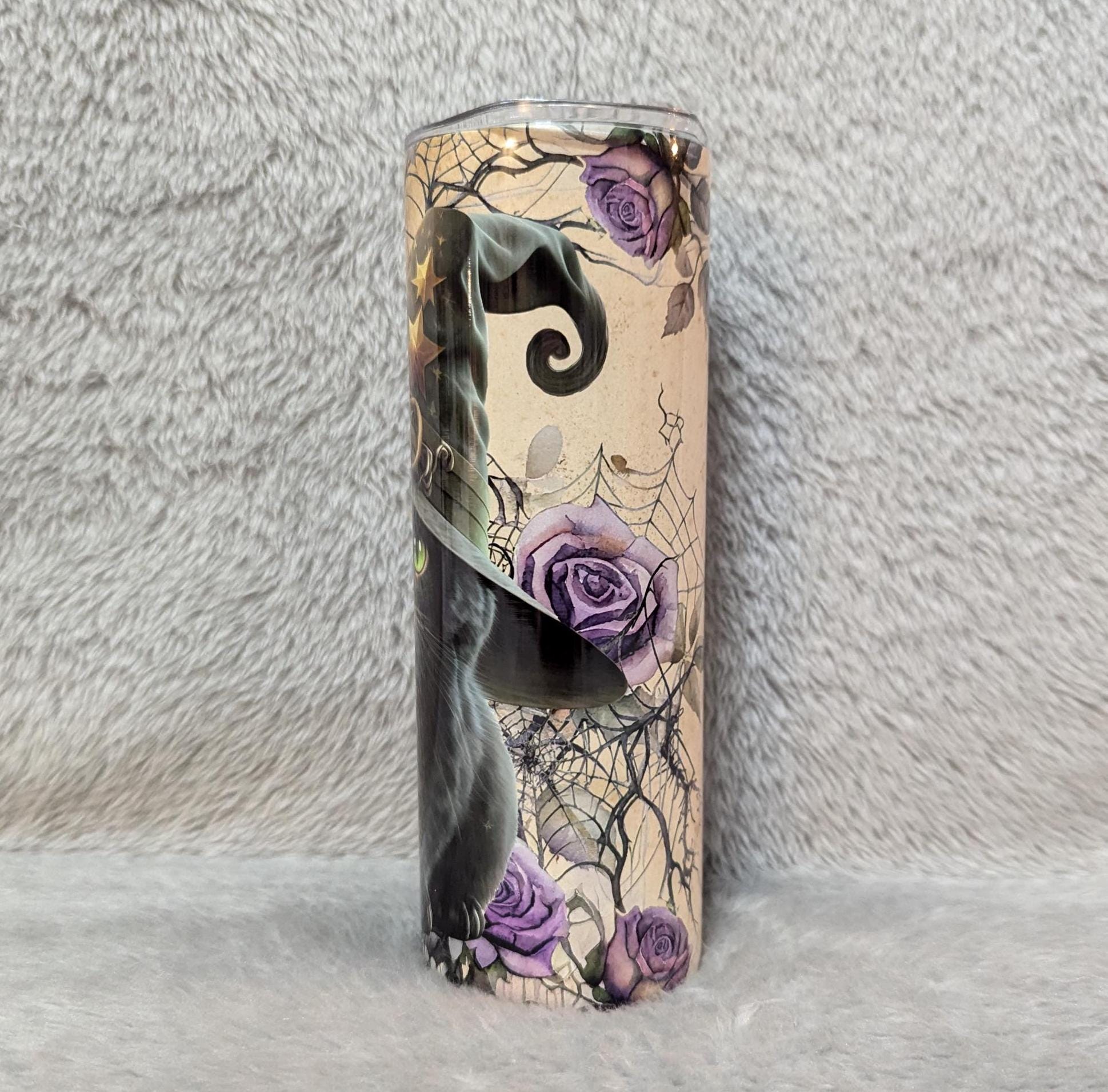 Adorable Black Kitten With Witch Hat and Floral Accents Tumbler, Cat Tumbler With Straw, Kitten Tumbler, Cat Lover Gift, Black Cat Lover