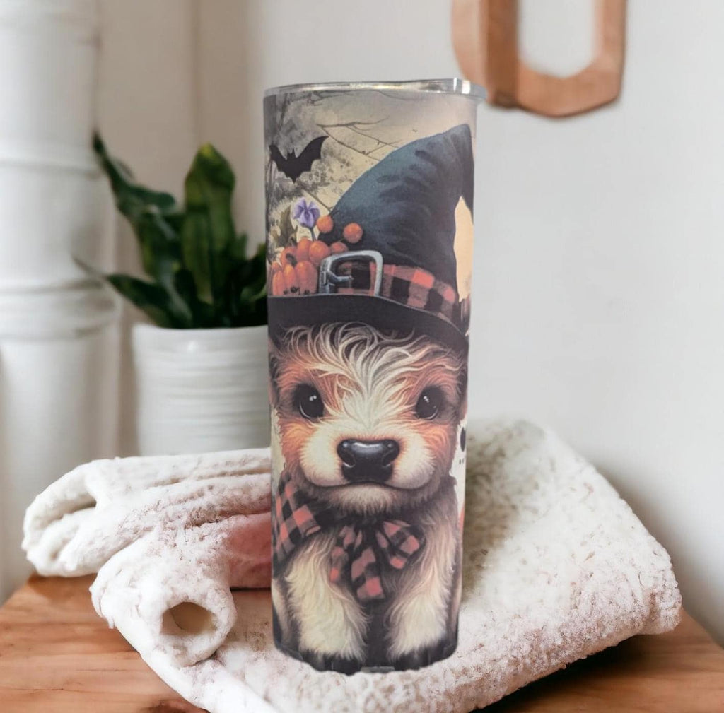 Cute Halloween Highland Cow 20oz Tumbler Can be Personalized, Perfect for Halloween Lovers, 20oz Tumbler With Reusable Straw