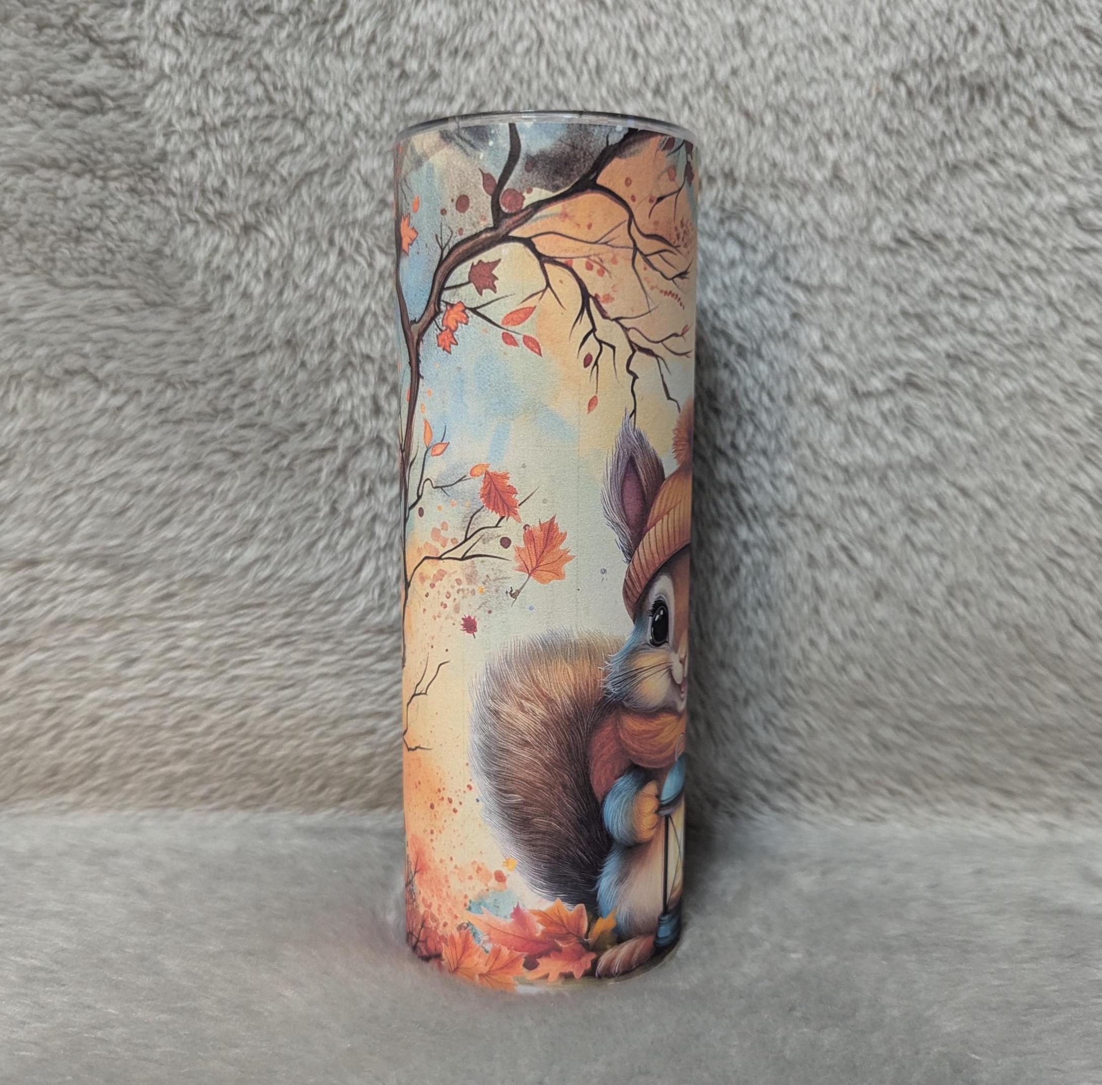Squirrel Tumbler with Autumn Leaves 20oz With Reusable Straw, Can Be Personalized