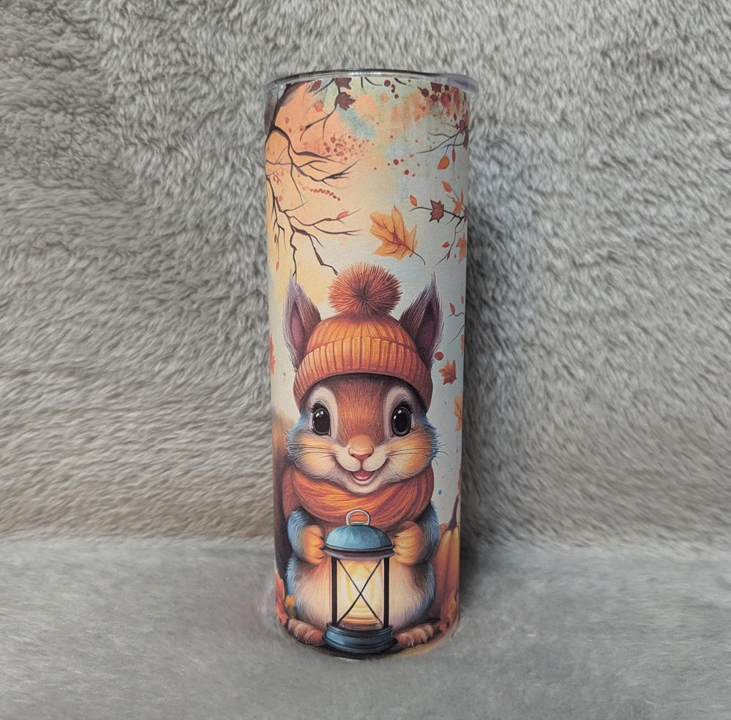 Squirrel Tumbler with Autumn Leaves 20oz With Reusable Straw, Can Be Personalized