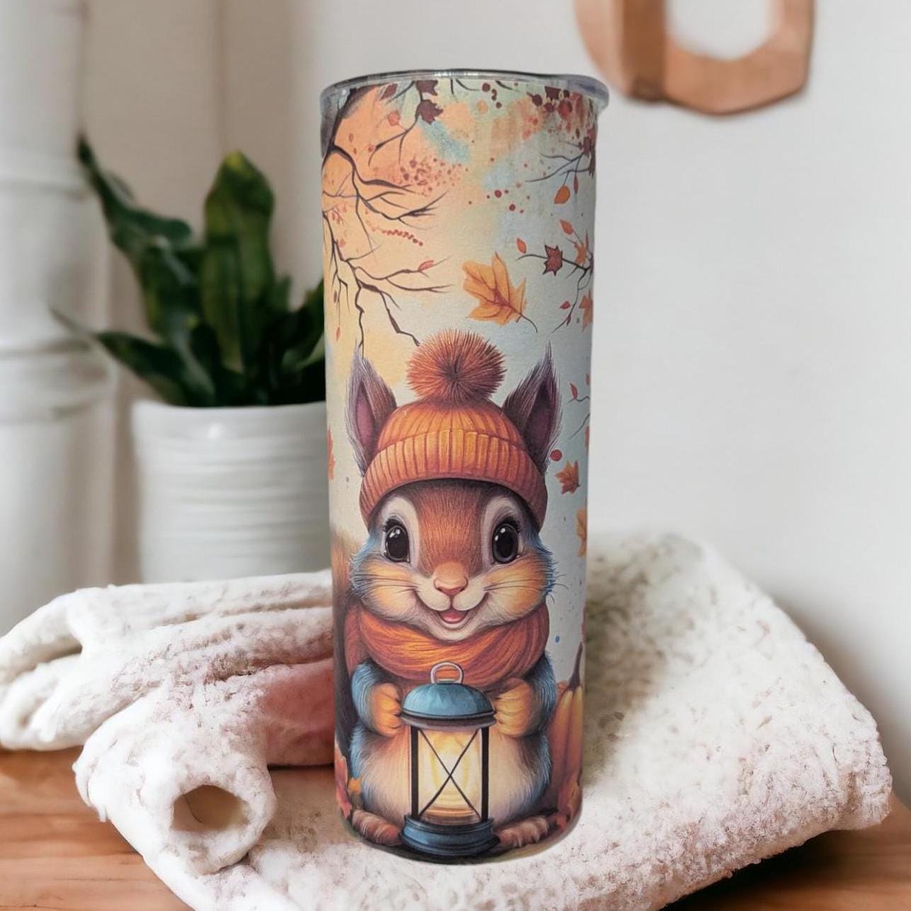 Squirrel Tumbler with Autumn Leaves 20oz With Reusable Straw, Can Be Personalized