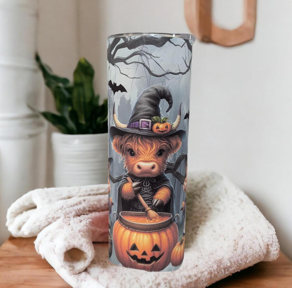 Halloween Highland Cow Witches Tumbler Can be Personalized, Perfect for Halloween Lovers, 20oz Tumbler With Reusable Straw
